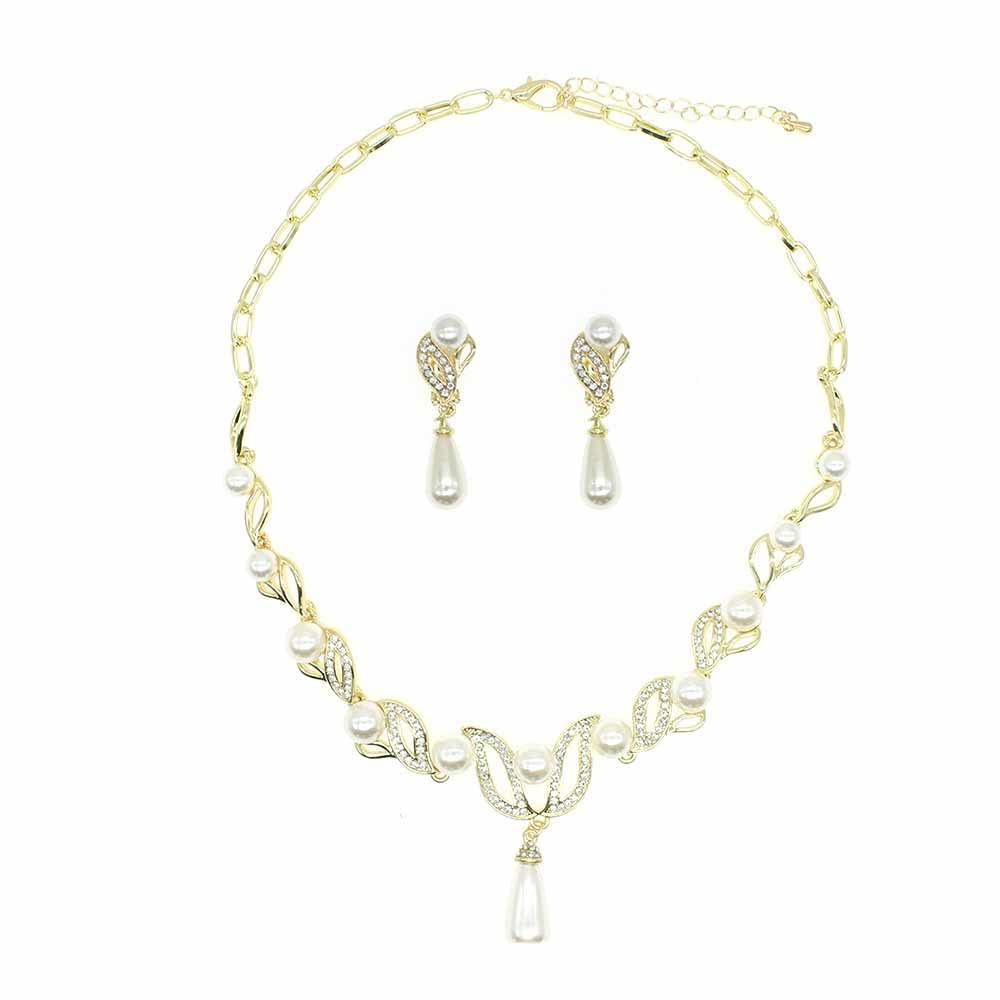 Pearl Bridal Jewelry Set - Gold Plated Necklace & Earrings for Weddings & Gifts