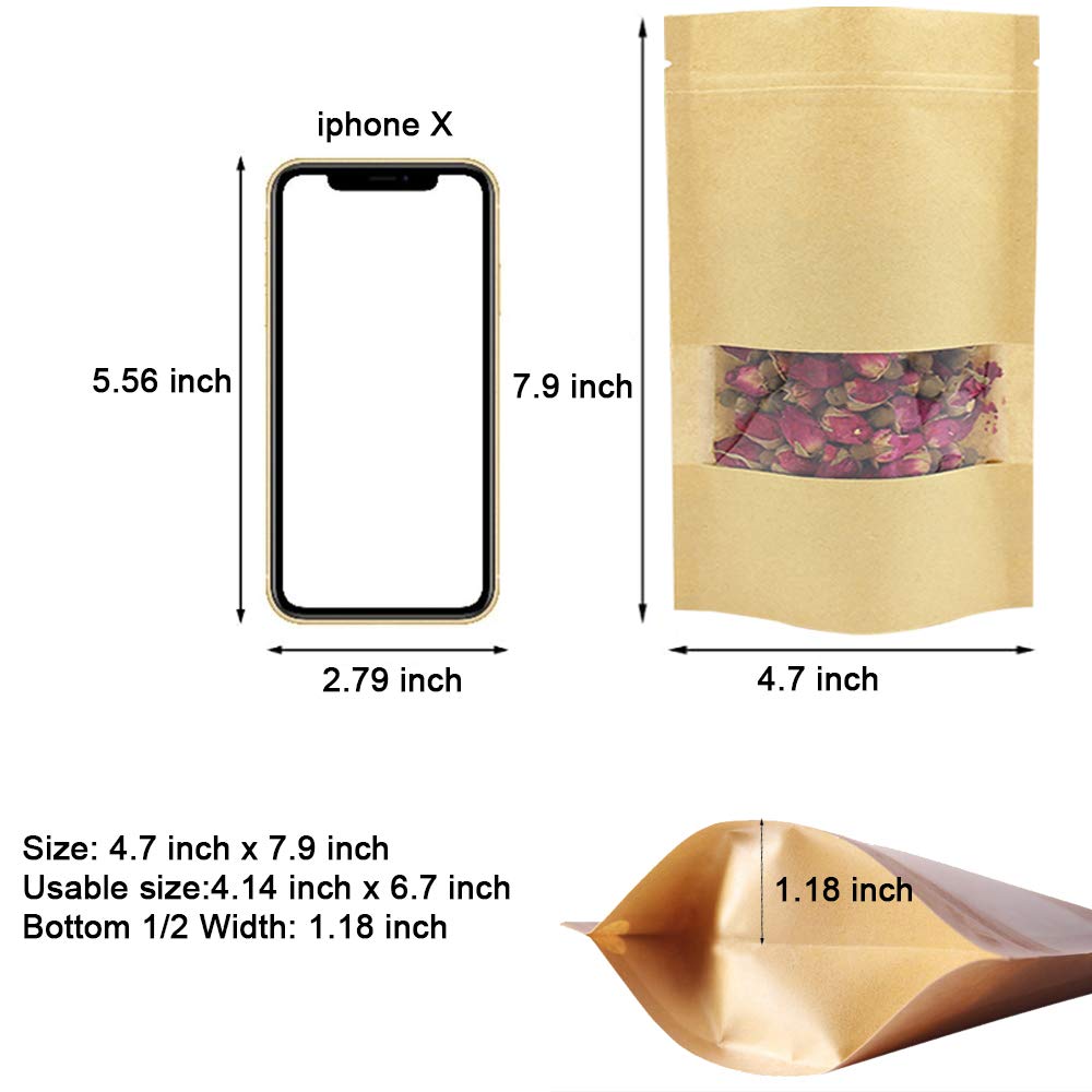 100 Pcs Resealable Kraft Paper Bags with Window - 4.7