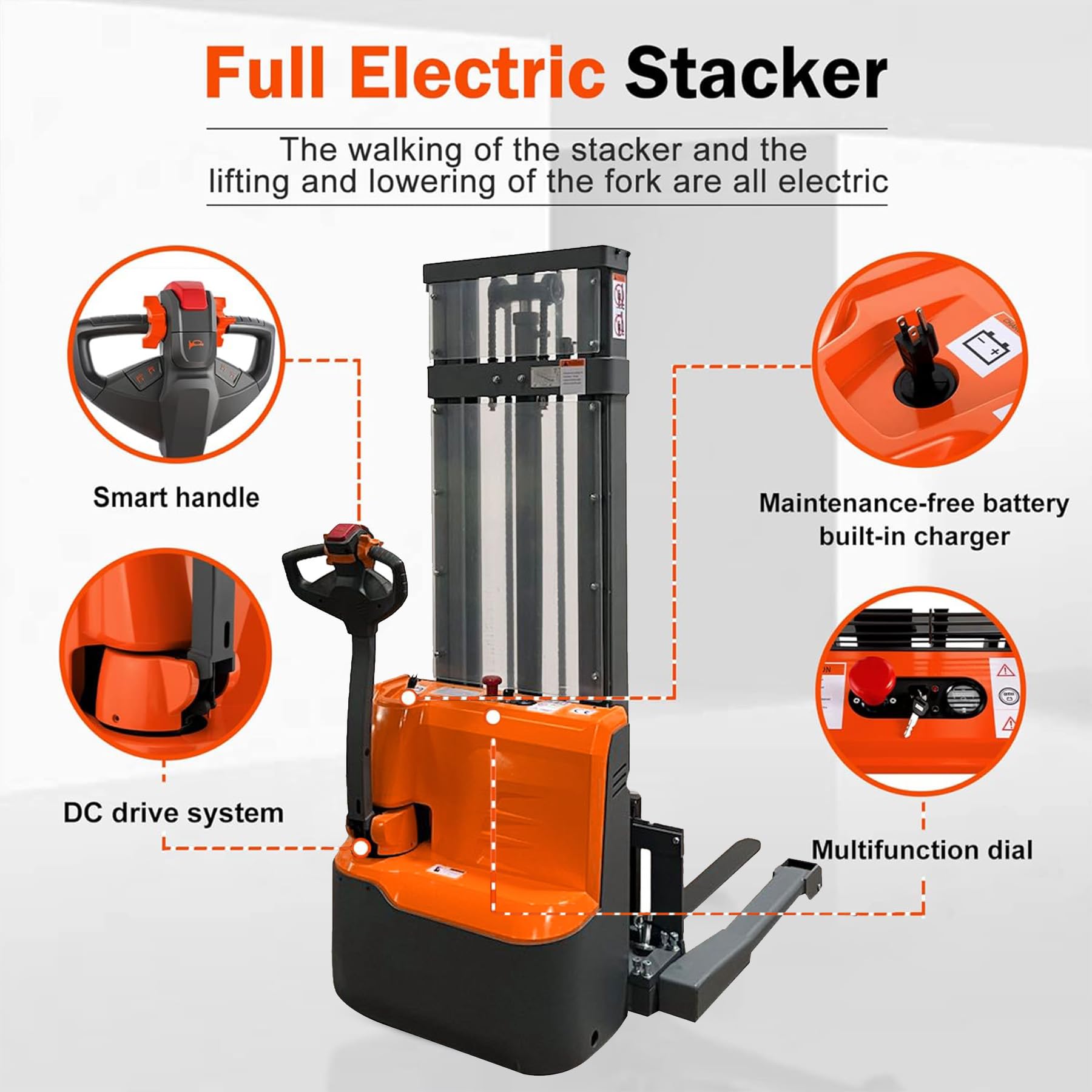 Tory Carrier Full Electric Pallet Stacker - 2640lbs Capacity Walkie Forklift with 98