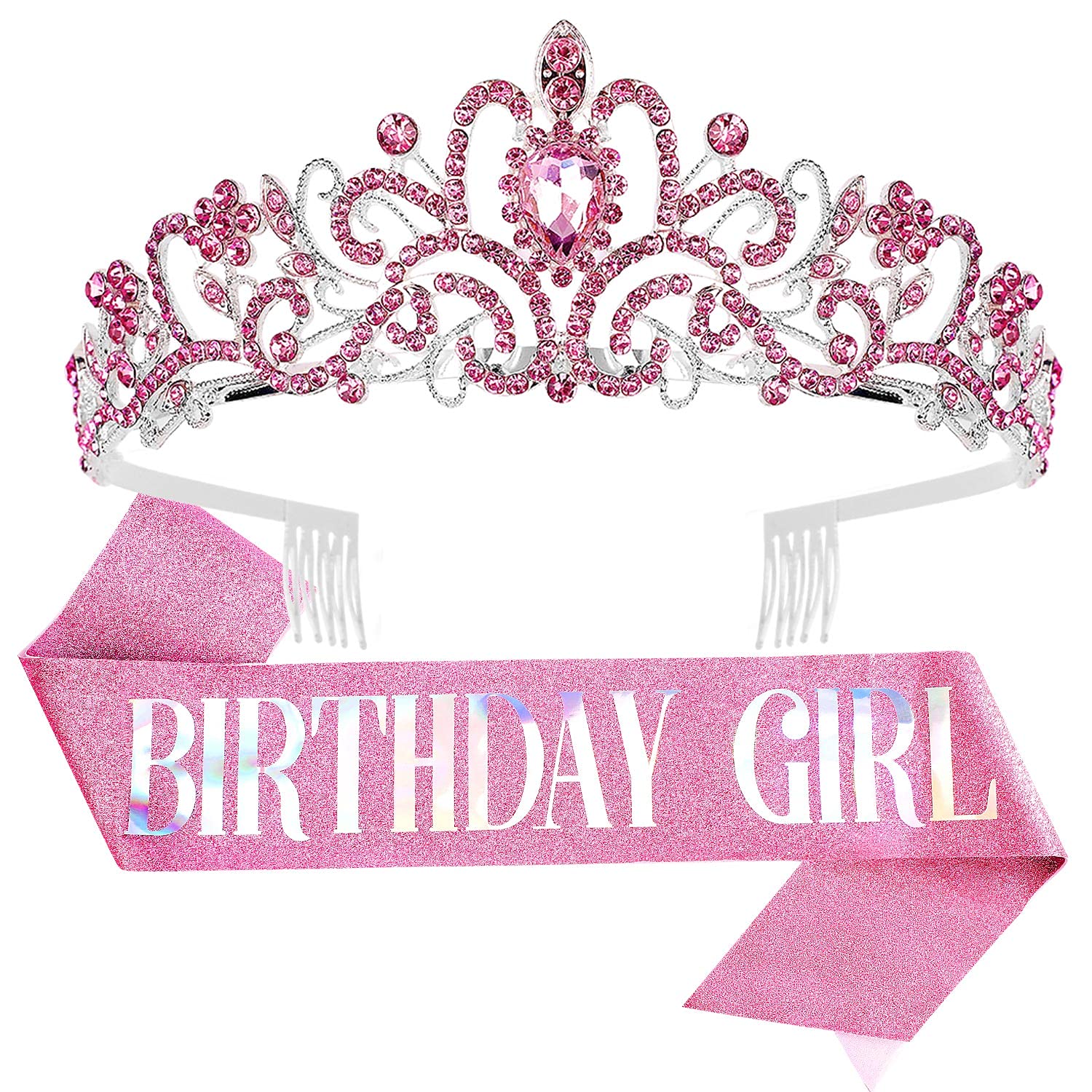 VELSCRUN Girls Birthday Tiara & Crown Set - Princess Party Decorations, Birthday Sash & Gifts for Girls (Pink, Gold) | Perfect for Birthday Parties, Princess Themes & Special Celebrations