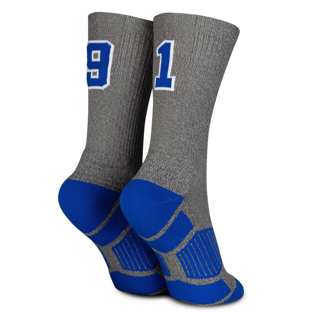 Custom Team Number Mid-Calf Crew Socks for Sports - Athletic Performance Socks in Gray & Blue | Perfect for Basketball, Soccer & Baseball Games, Team Uniforms & School Spirit Events
