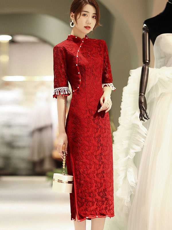 Elegant Burgundy Lace Wedding Cheongsam Qi Pao Dress with Half Sleeve - Vintage Chinese Bridal Gown for Wedding Ceremony, Tea Party & Special Occasions