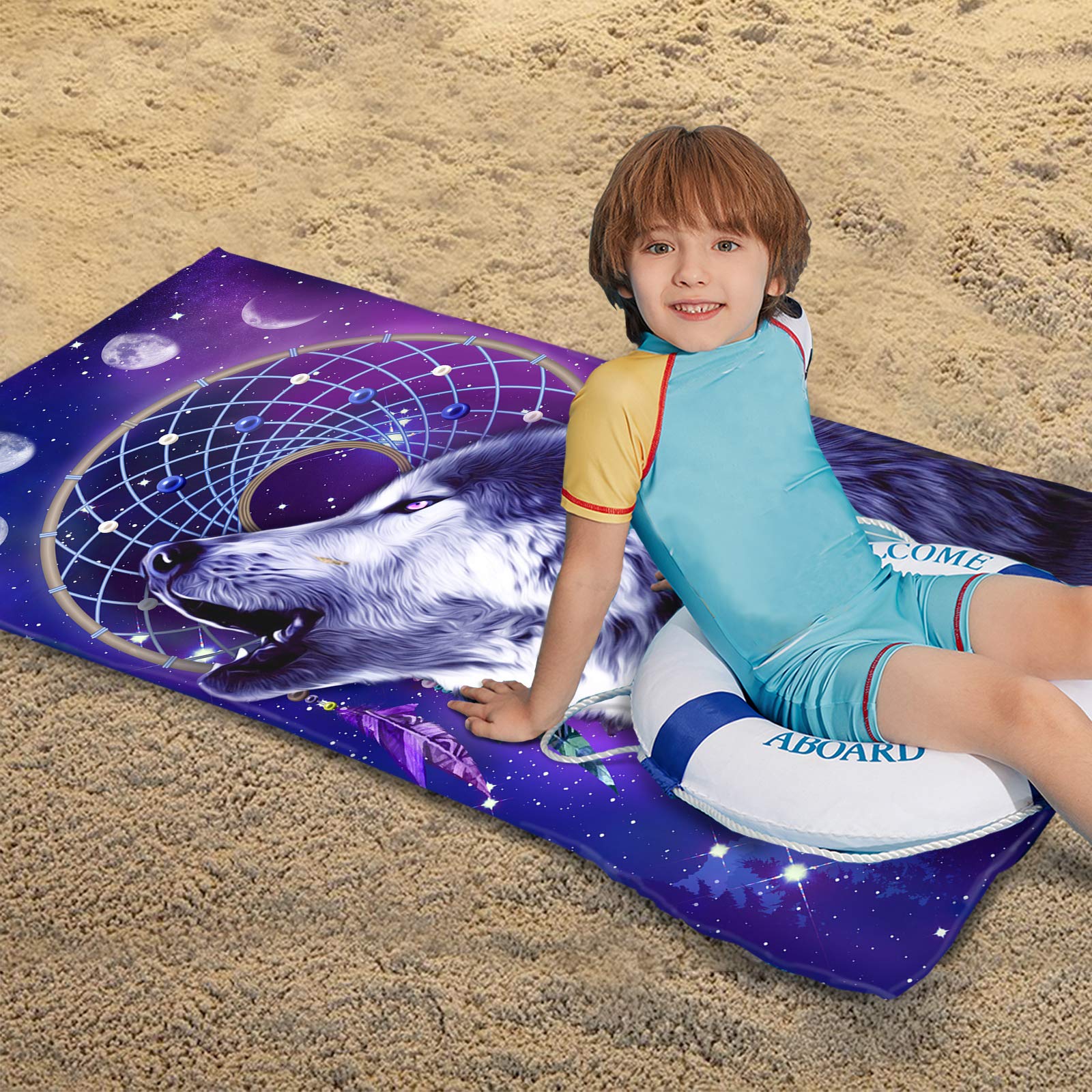 Wolf Beach Towel - Bonsai Tree & Dream Catcher Design - Microfiber Quick Dry Sand Free Bath Towel 30x60 Inches - Cool Blue Purple Galaxy Space Animal Print for Men, Boys & Kids - Perfect for Pool, Beach, Travel & Sports Activities