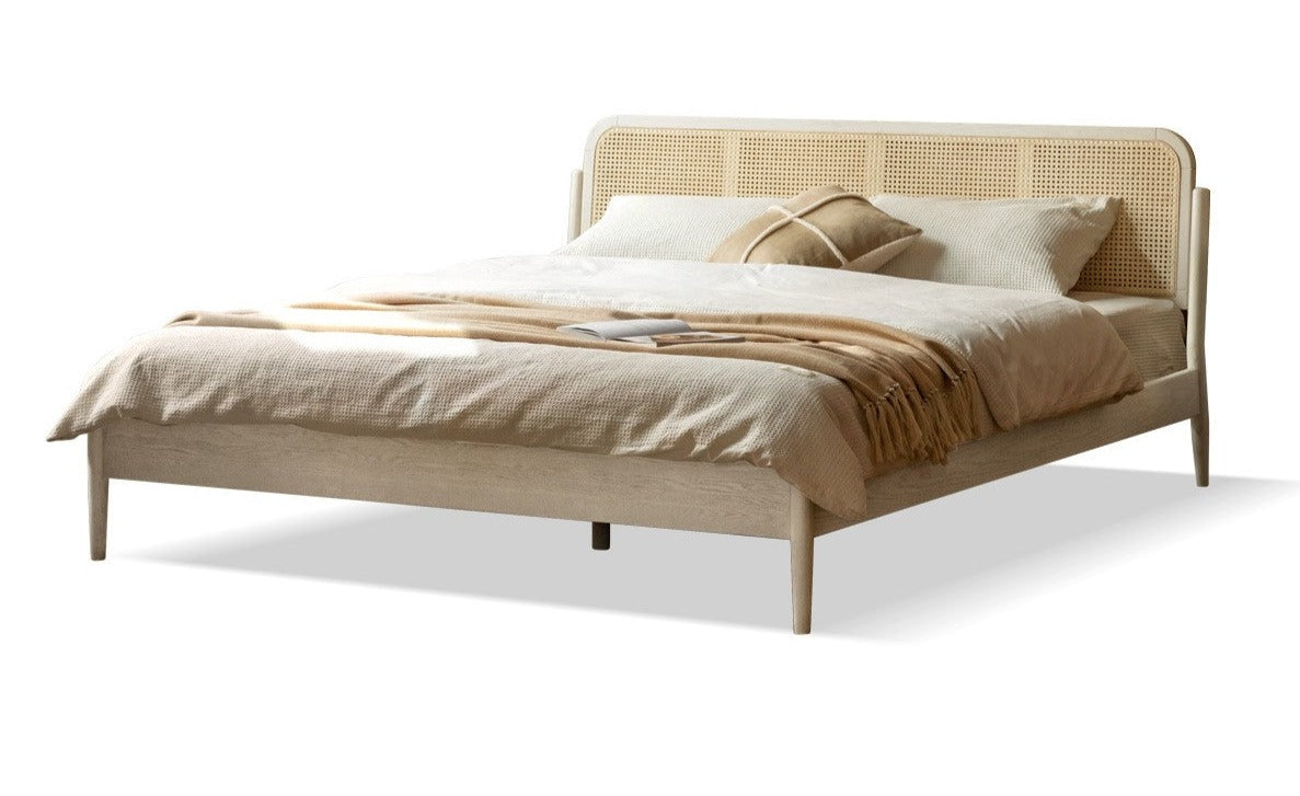 Solid Oak Wood Rattan Bed Frame - Queen Size, Natural Finish - Perfect for Bedroom, Guest Room & Farmhouse Decor