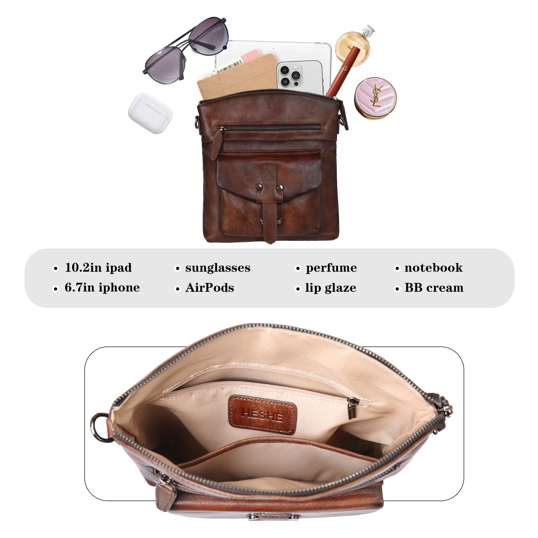 HESHE Genuine Leather Crossbody Bag for Women - Stylish Shoulder Purse & Handbag with Multiple Pockets | Perfect for Work, Travel & Everyday Use
