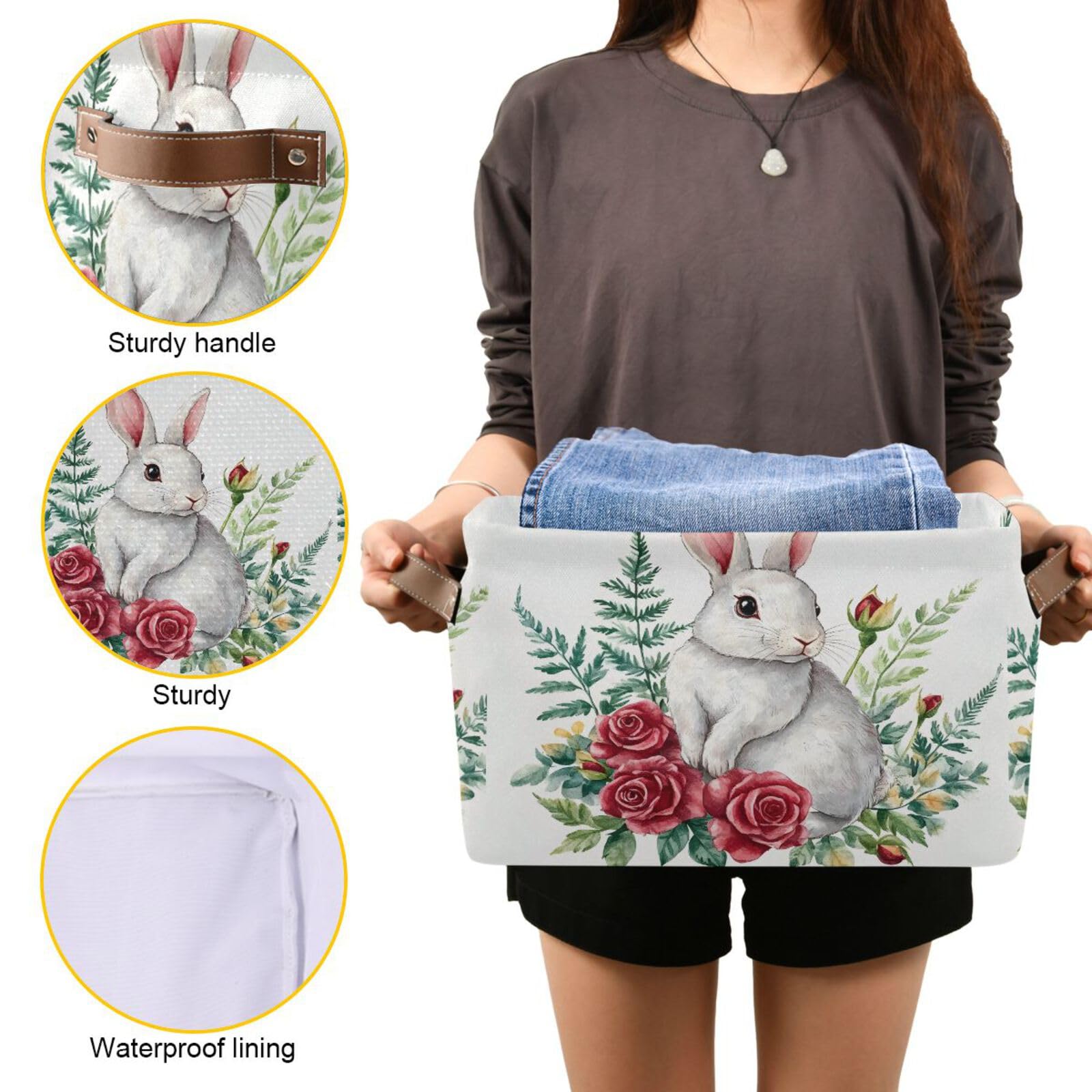 Senya Easter Storage Basket - Foldable Fabric Collapsible Storage Bin Organizer with Rose Bunny Design for Clothes, Toys & Home Organization | Perfect for Easter Decor, Kids Room & Seasonal Storage