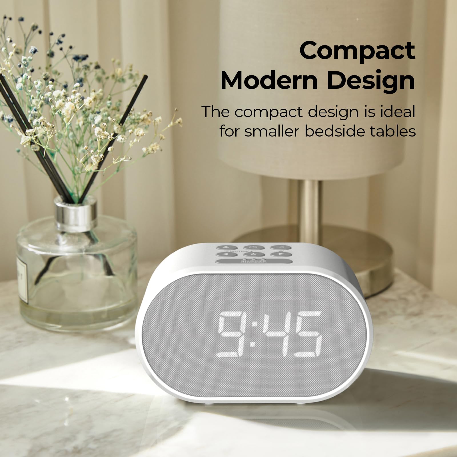 i-Box Digital Alarm Clock with FM Radio, USB Charging Port & Adjustable Brightness - Battery or Mains Powered, Silent Non-Ticking Operation, White LED Display for Bedroom, Office, Travel & Nightstand Use