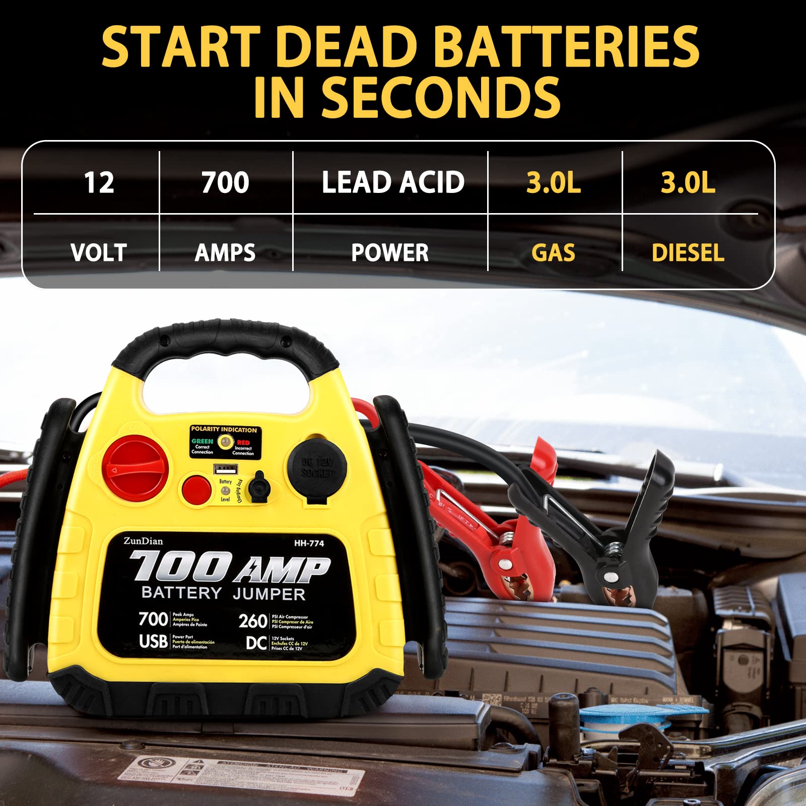 260PSI 4-in-1 Portable Car Jump Starter with Air Compressor - 1000A Battery Booster Pack for Gas/Diesel Vehicles (Up to 3L) - Includes Safety Jumper Cables, USB & DC Ports - Perfect for Emergency Roadside Assistance & Tire Inflation