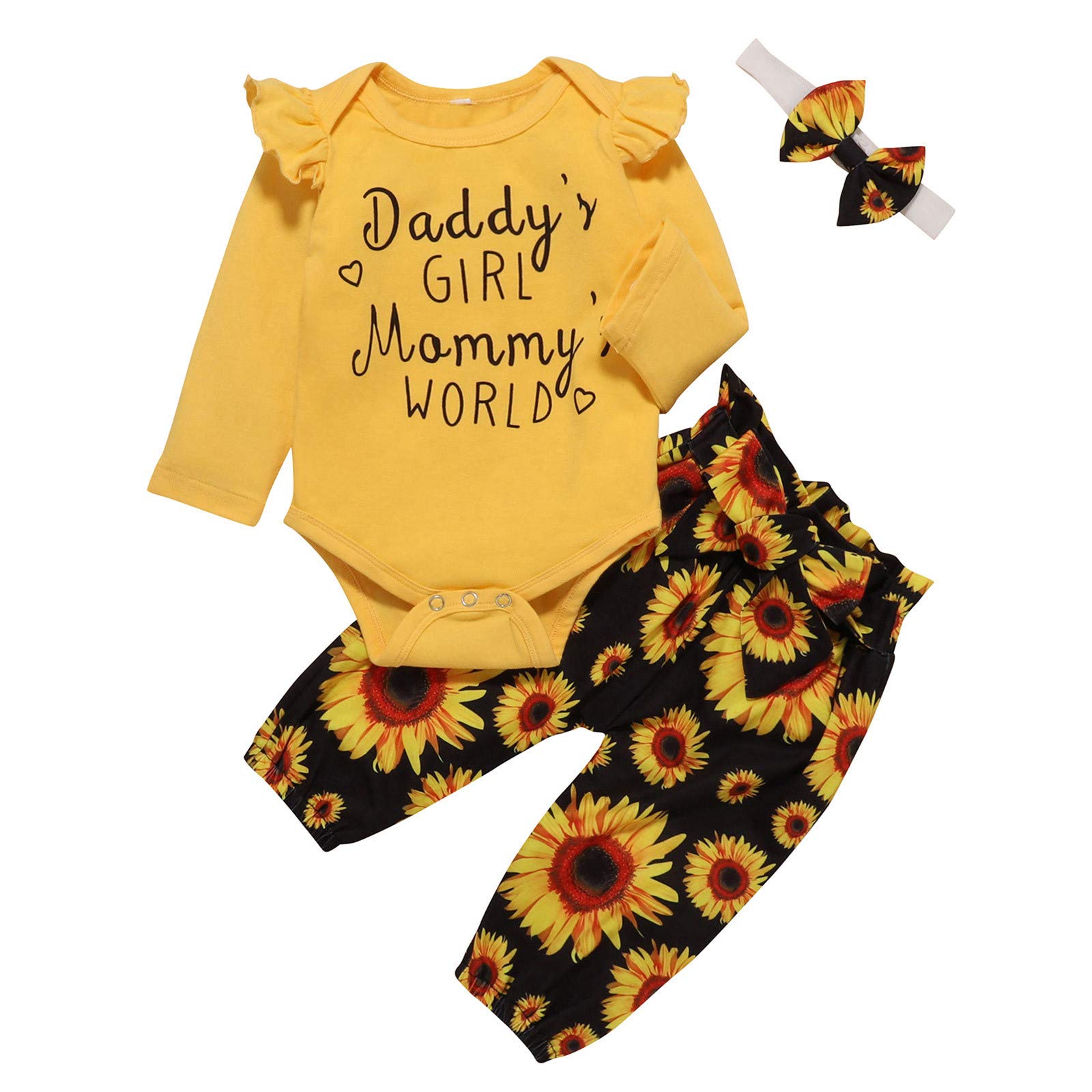 Newborn Baby Girl Outfits Set - Letter Print Fly Sleeve Romper + Pants + Hairband | Winter & Fall Infant Clothing | Perfect for Photoshoots, Holidays & Daily Wear