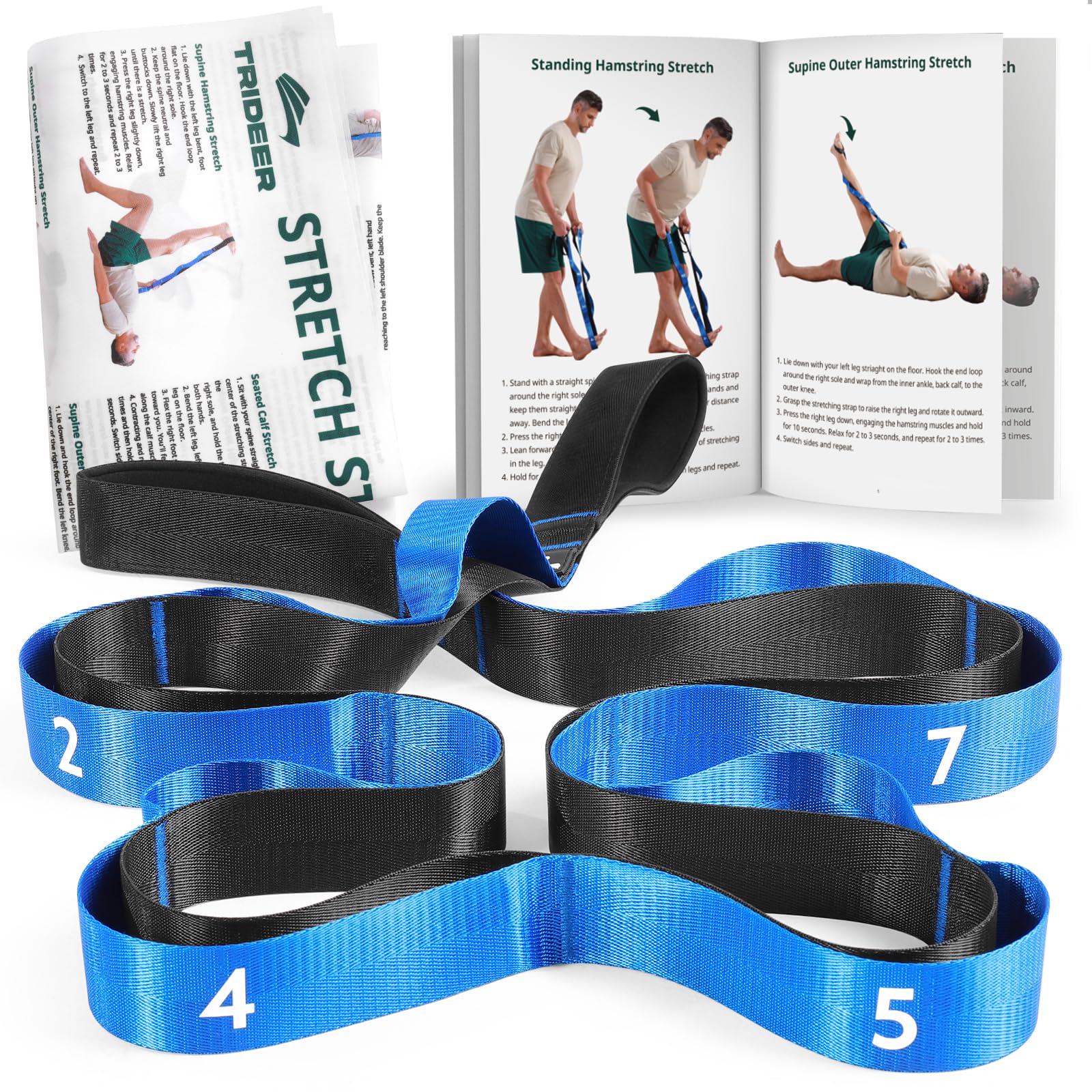 Trideer Non-Elastic Yoga Stretching Strap with 10 Loops - Durable Nylon Physical Therapy Band for Exercise, Pilates & Gymnastics - Includes Training Manual & Poster - Perfect for Home Workouts, Yoga Studios & Physical Therapy Sessions