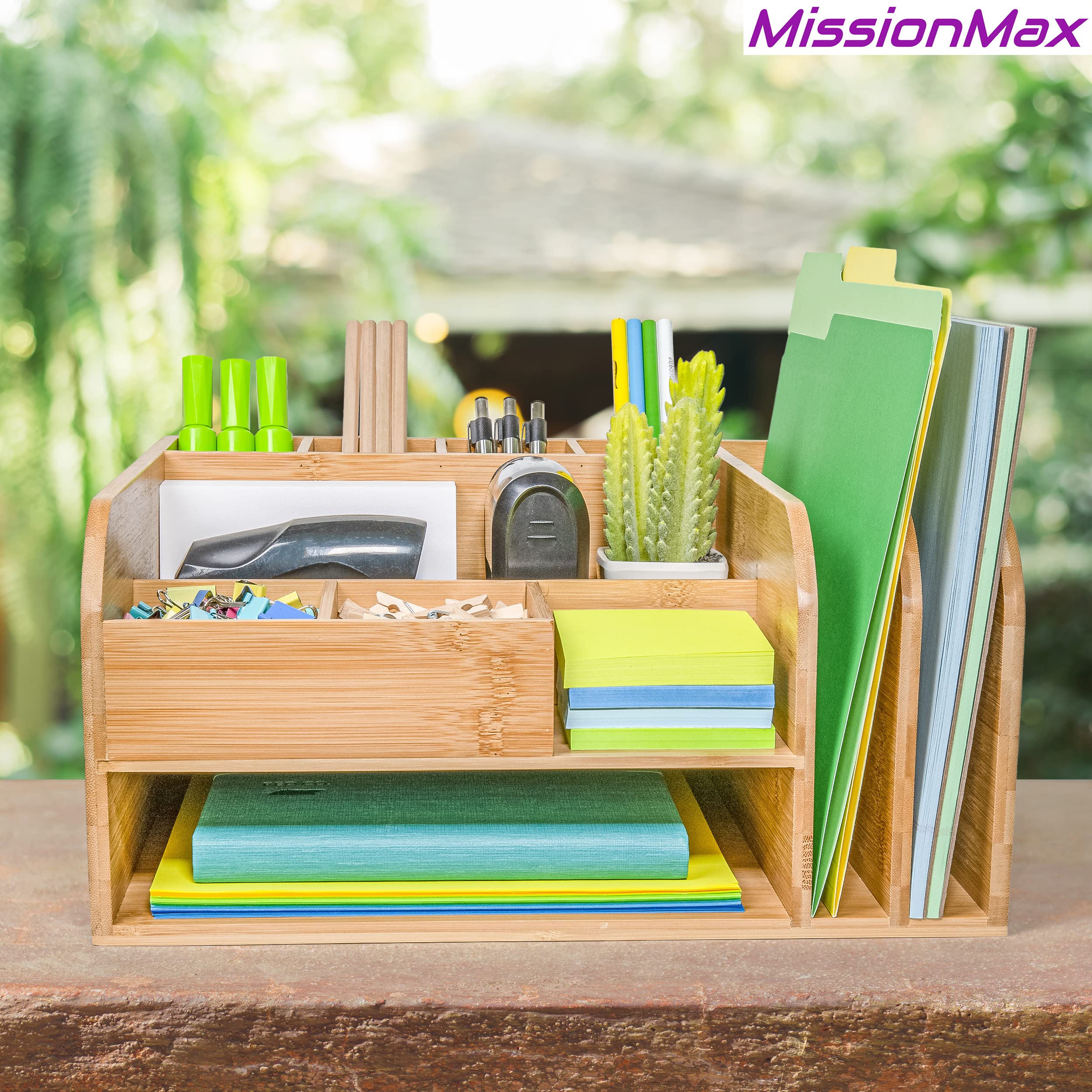 Bamboo Desk Organizer with Upright File Holders - Fully Assembled Office & Home Storage Solution for Pens, Papers & Supplies | Perfect for Workspace, Study & Classroom Organization