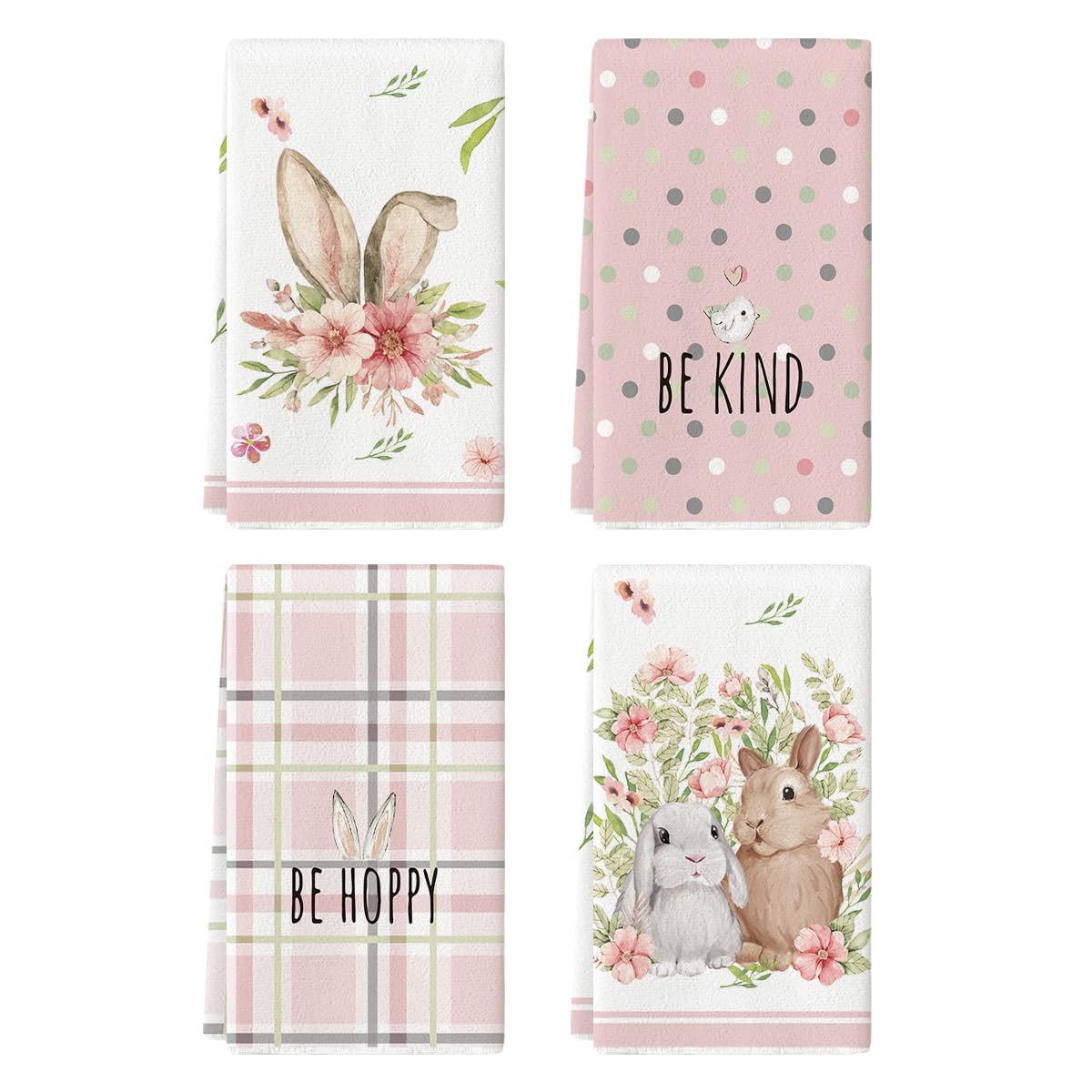 Artoid Mode Pink Bunny Rabbit Ears Floral Leaves Easter Kitchen Towels - Set of 4 (18x26 Inch) | Soft Absorbent Dish Towels for Spring Decor, Holiday Parties & Seasonal Home Decorations | Perfect for Easter, Mother's Day & Kitchen Gifts