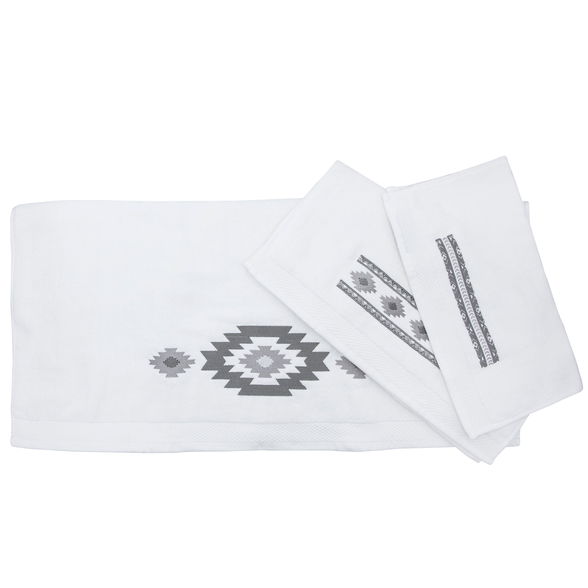 Free Spirit 3-Piece Embroidered Bath Towel Set - Soft Absorbent Cotton Towels for Bathroom, Spa & Gym - White Luxury Towel Collection