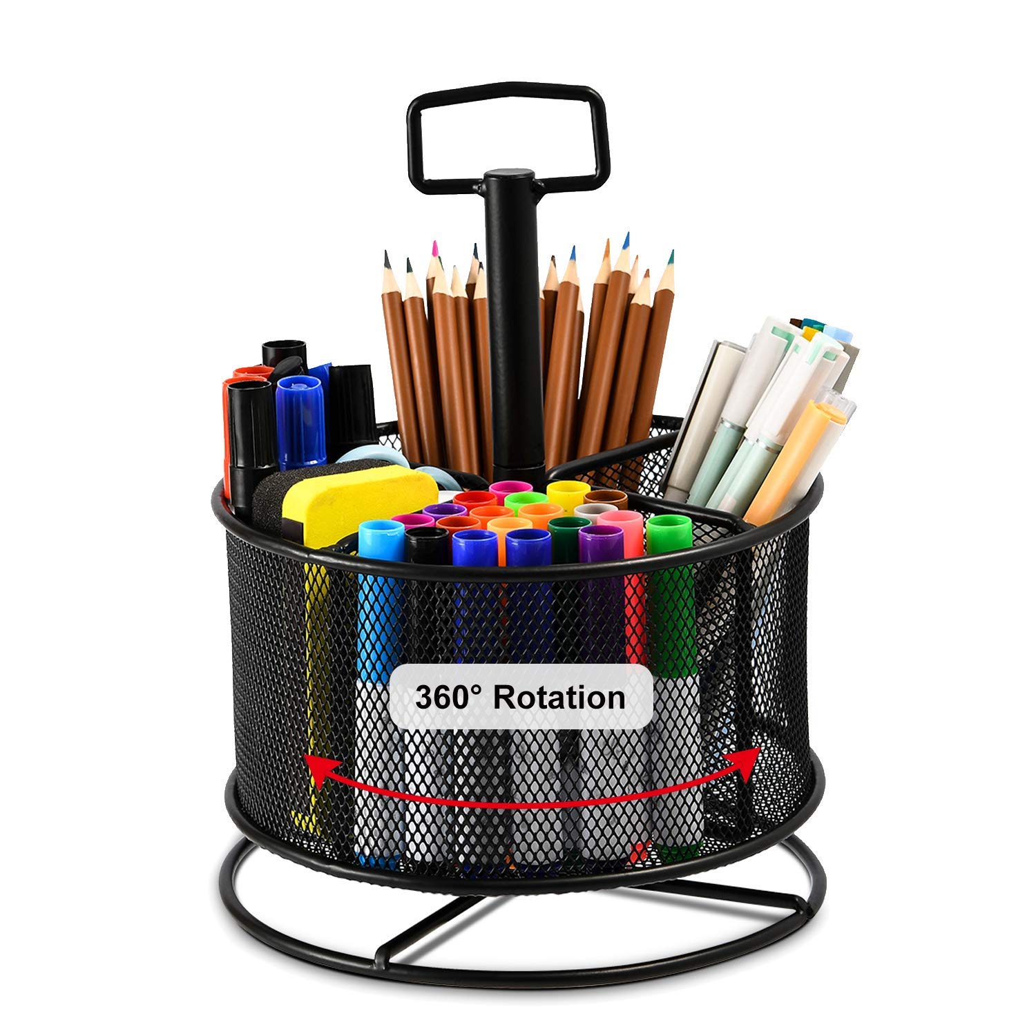 360° Rotating Mesh Desk Organizer - 4 Compartment Multifunctional Pen Holder & Office Supply Storage Box | Perfect for Home Office, School, Art Studio Organization (Black)