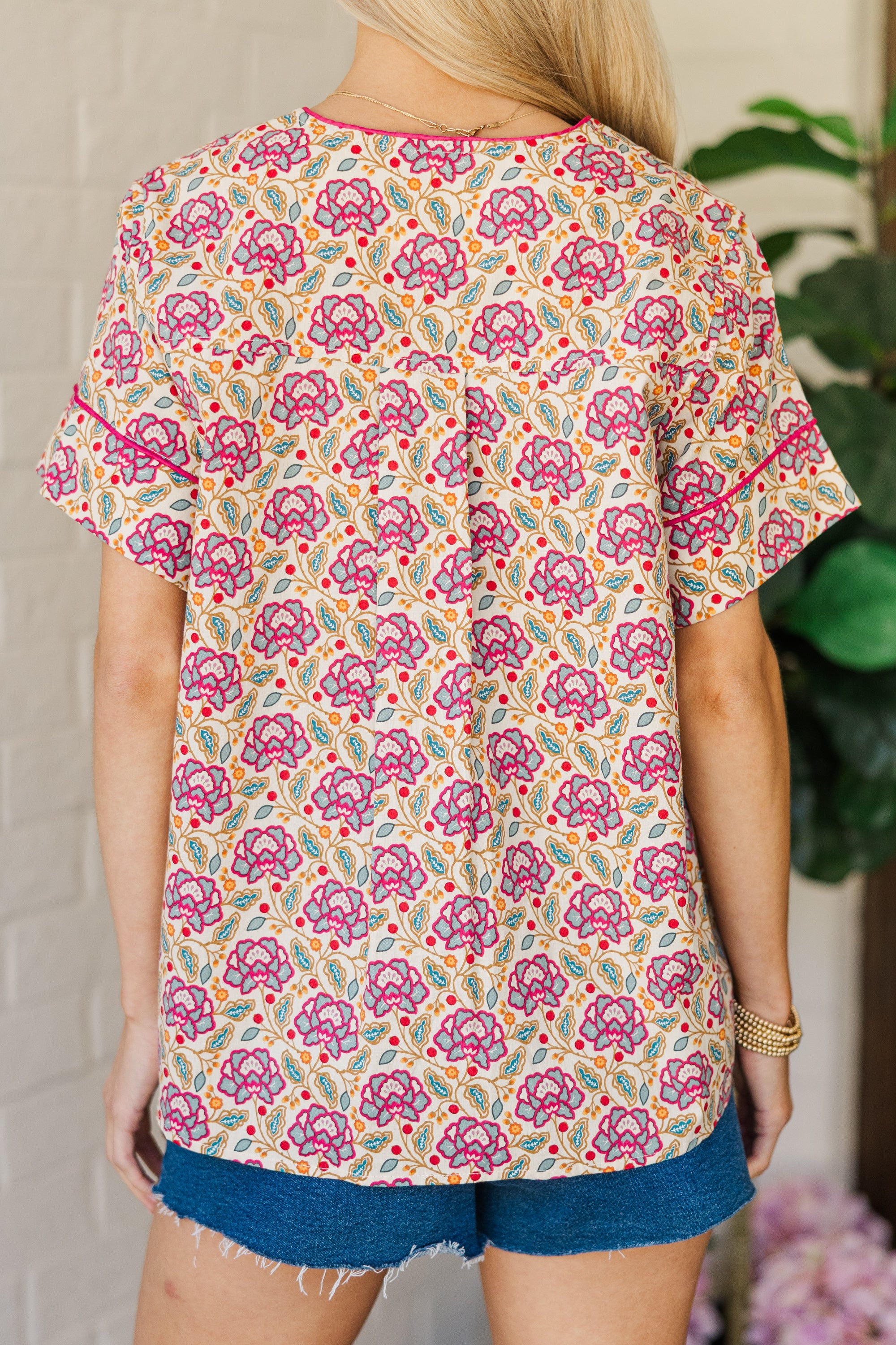 Dreaming In Detail Pink Medallion Blouse - Elegant Floral Print Women's Top for Casual Wear, Office & Date Night