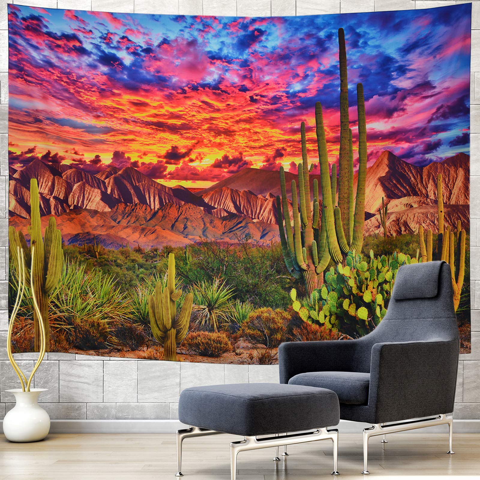 Generleo Mountain Desert Cactus Sunset Clouds Psychedelic Tropical Plants Wall Art - Vibrant Boho Wall Hanging for Bedroom, Living Room & Dorm Decor | Perfect for Bohemian Home Decor & Hippie Aesthetic