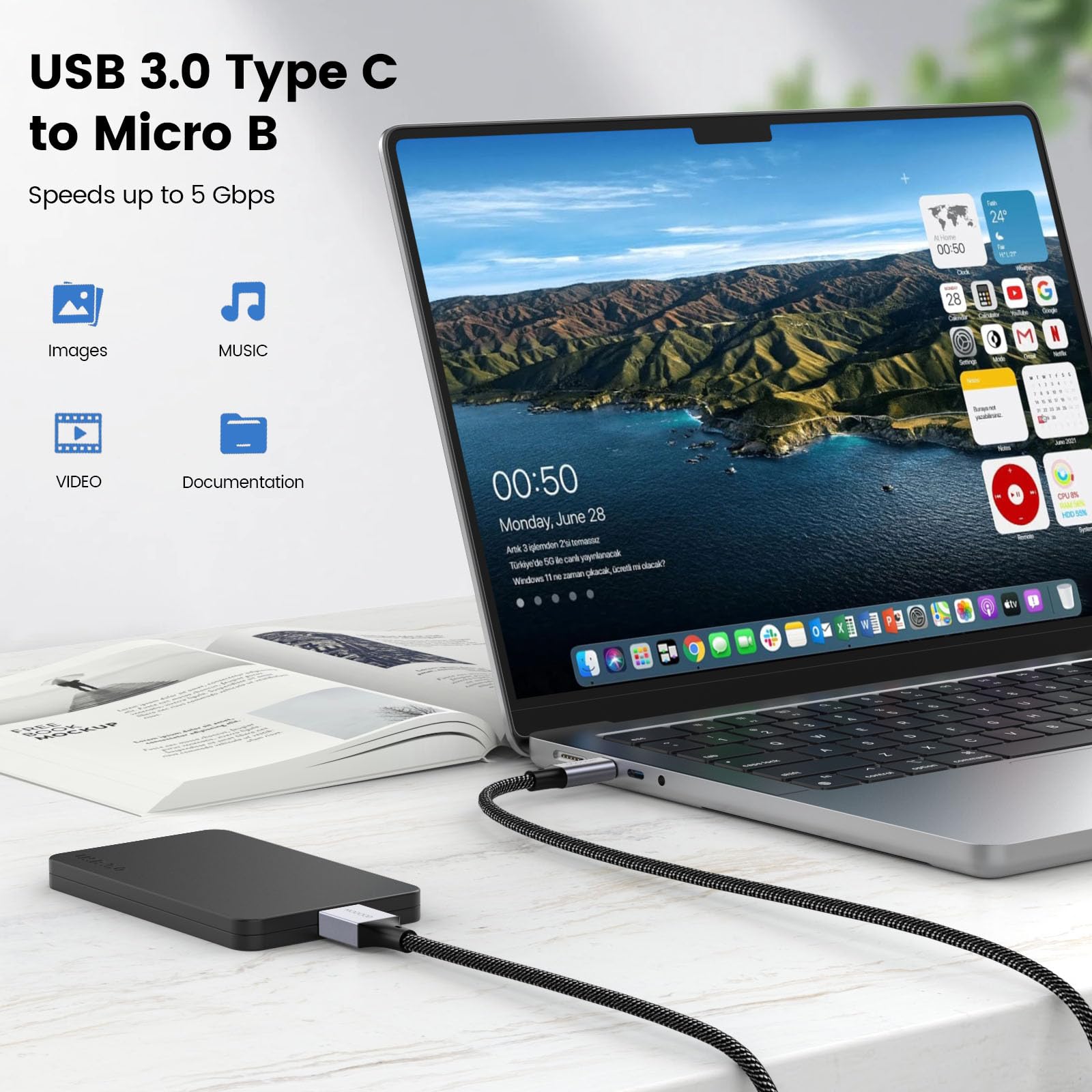 MOGOOD USB C to Micro USB 3.0 Cable (3.3ft) - High Speed Data Transfer & Charging Cable for External Hard Drives, Cameras - Compatible with Seagate, WD, Toshiba - Perfect for Backup, File Transfer & Portable Storage Solutions