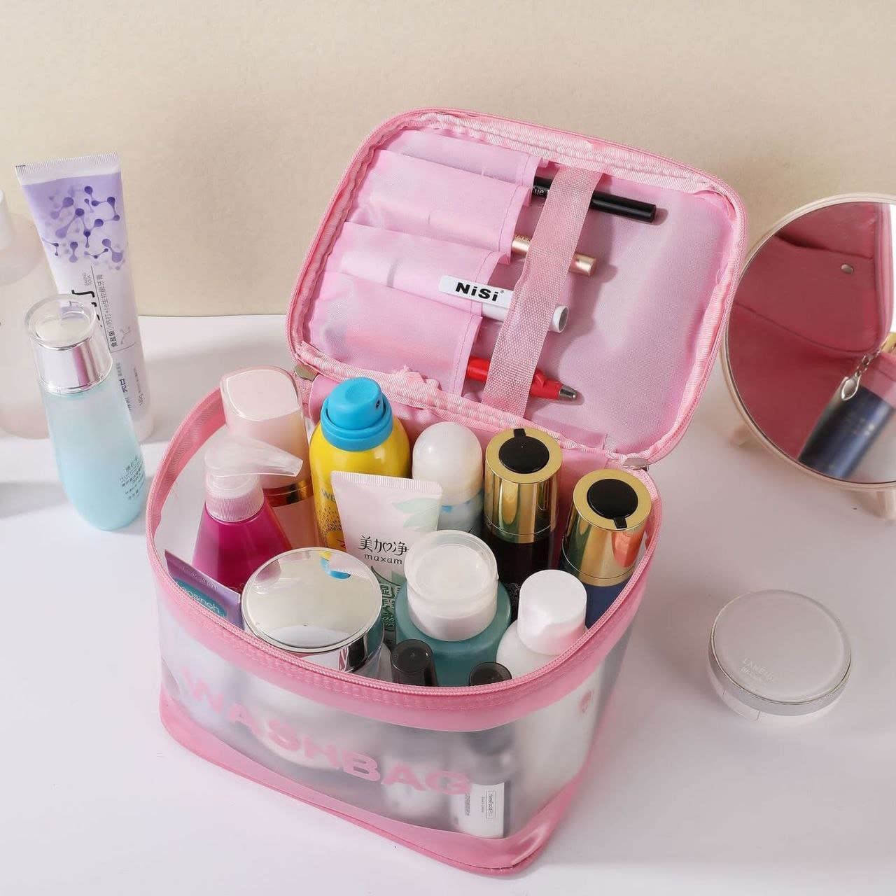 Ameedarshan™ Clear Travel Toiletries Bag - Waterproof Large Capacity Cosmetic Organizer with Double Zipper, PVC Portable Makeup Case for Women - Perfect for Business Trips, Bathroom Storage & Airplane Carry-On (Pink)