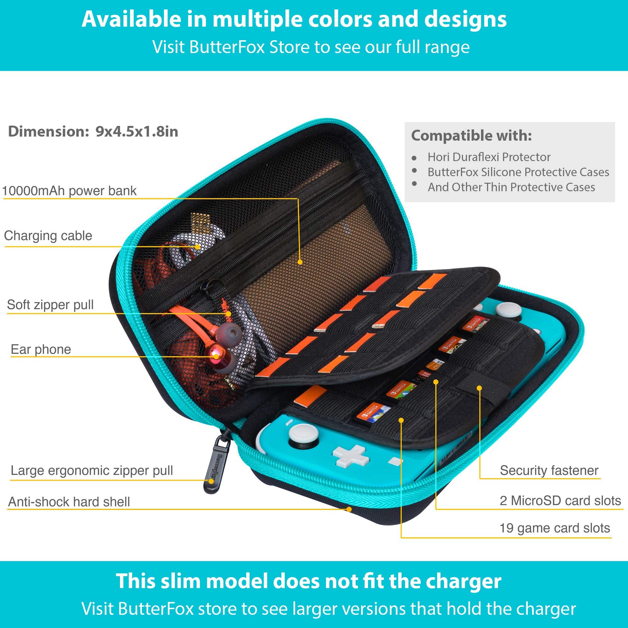 ButterFox Slim Carrying Case for Nintendo Switch Lite - Compact Travel Storage with 19 Game & 2 Micro SD Card Holders - Perfect for Switch Lite Accessories Protection On-The-Go, Travel, and Daily Commute