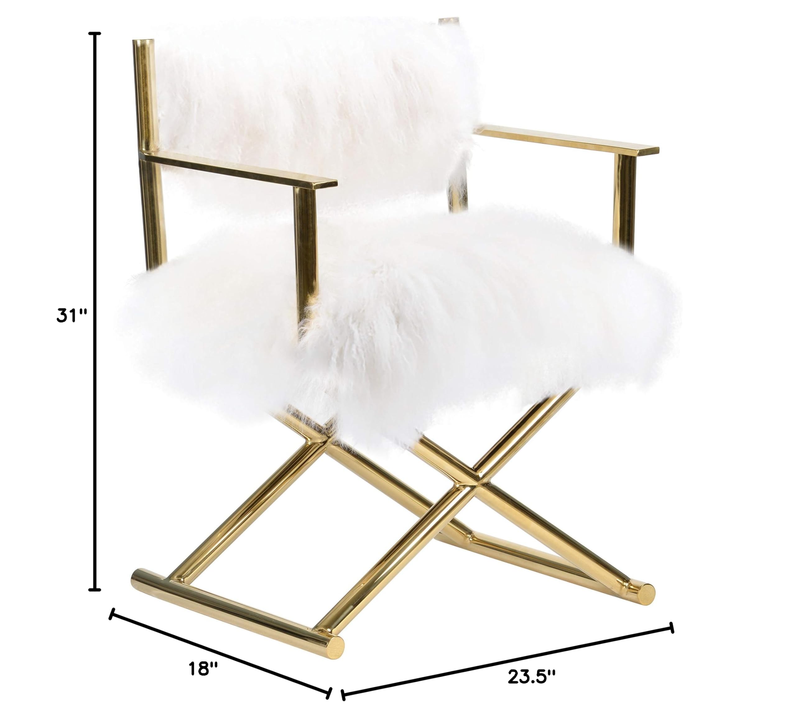 Pasargad Home Paris Love Collection Mongolian Fur Director's Chair with Gold Legs in Ivory - Luxurious Accent Chair for Living Room, Bedroom, or Office Decor