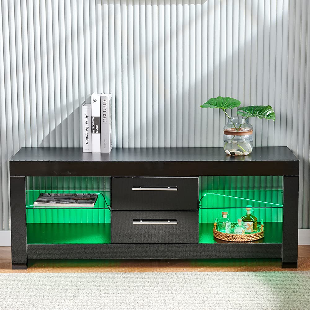 Modern TV Stand with LED Lights - High Gloss Wood Entertainment Center with 2 Storage Drawers, Media Console for Living Room & Home Theater (Black) - Perfect for 55-75 inch TVs, Gaming & Movie Nights