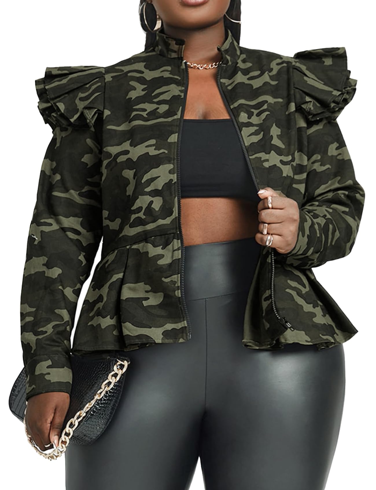 LifeShe Women's Camouflage Denim Jacket with Ruffle Sleeves & Peplum Style - Stylish Zip-Up Blazer for Casual Outings, Work Wear & Date Nights