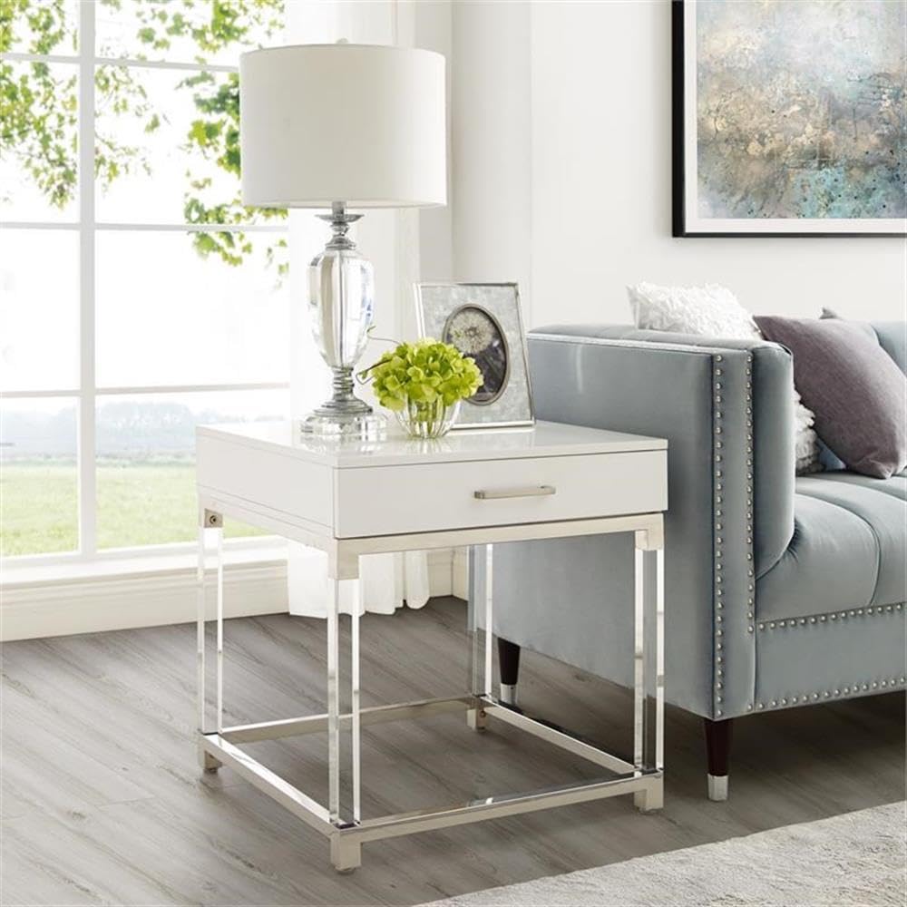 Briar 1-Drawer Metal Nightstand with Acrylic Legs - White Chrome Finish Bedside Table for Living Room, Bedroom & Office Use