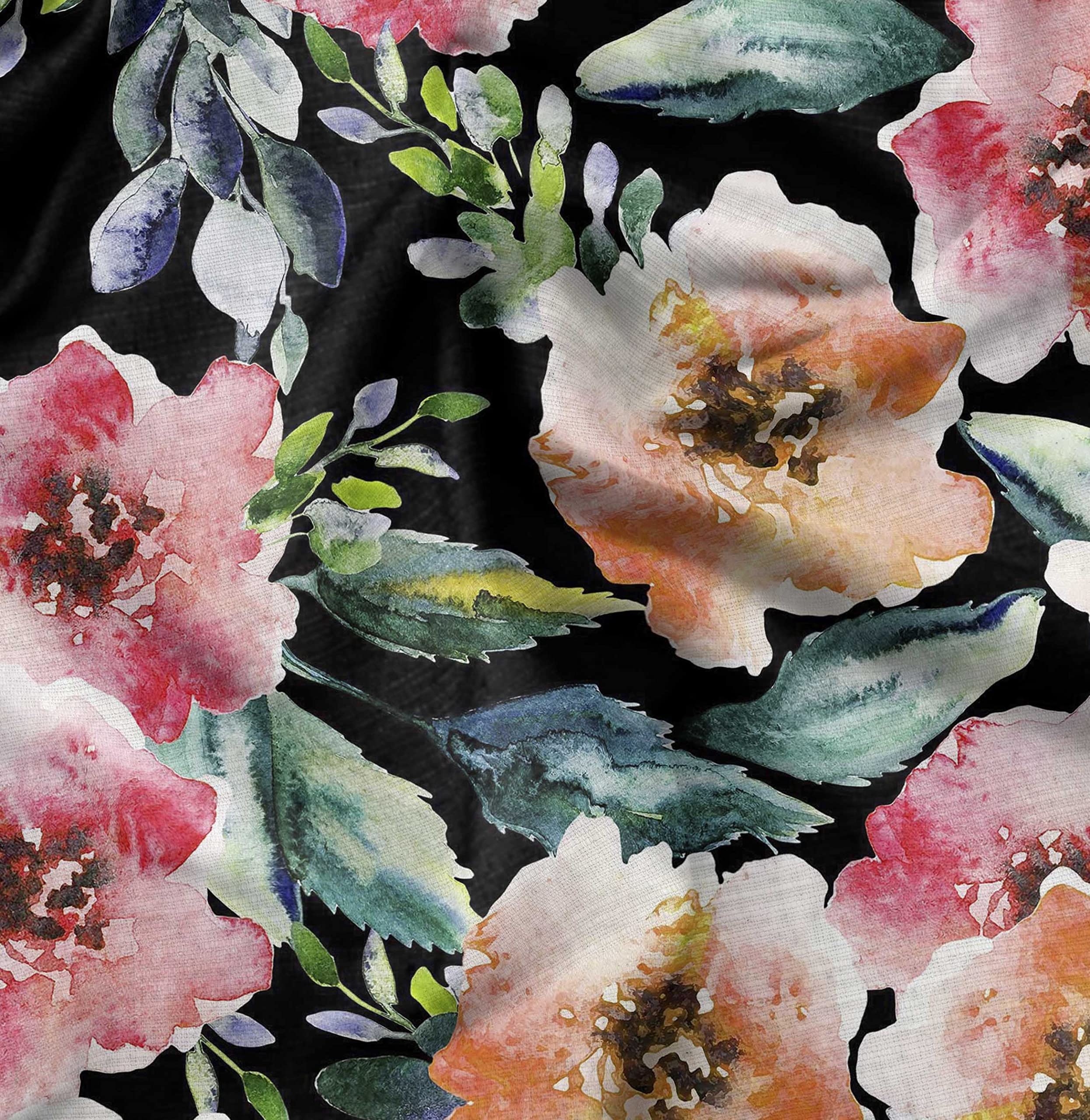 Soimoi Black Satin Silk Fabric - Watercolor Flower & Leaves Print - 42 Inch Wide by The Yard - Perfect for Dresses, Scarves, Home Decor & DIY Crafts