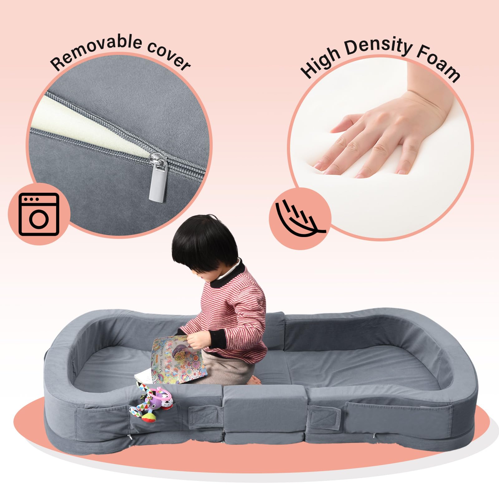 ENITYA Portable Toddler Travel Bed - Foldable Floor Cot for Kids 18M-6 Years, Lightweight & Washable Sleeping Cot for Camping, Airplane, Hotels & Home Use - Grey
