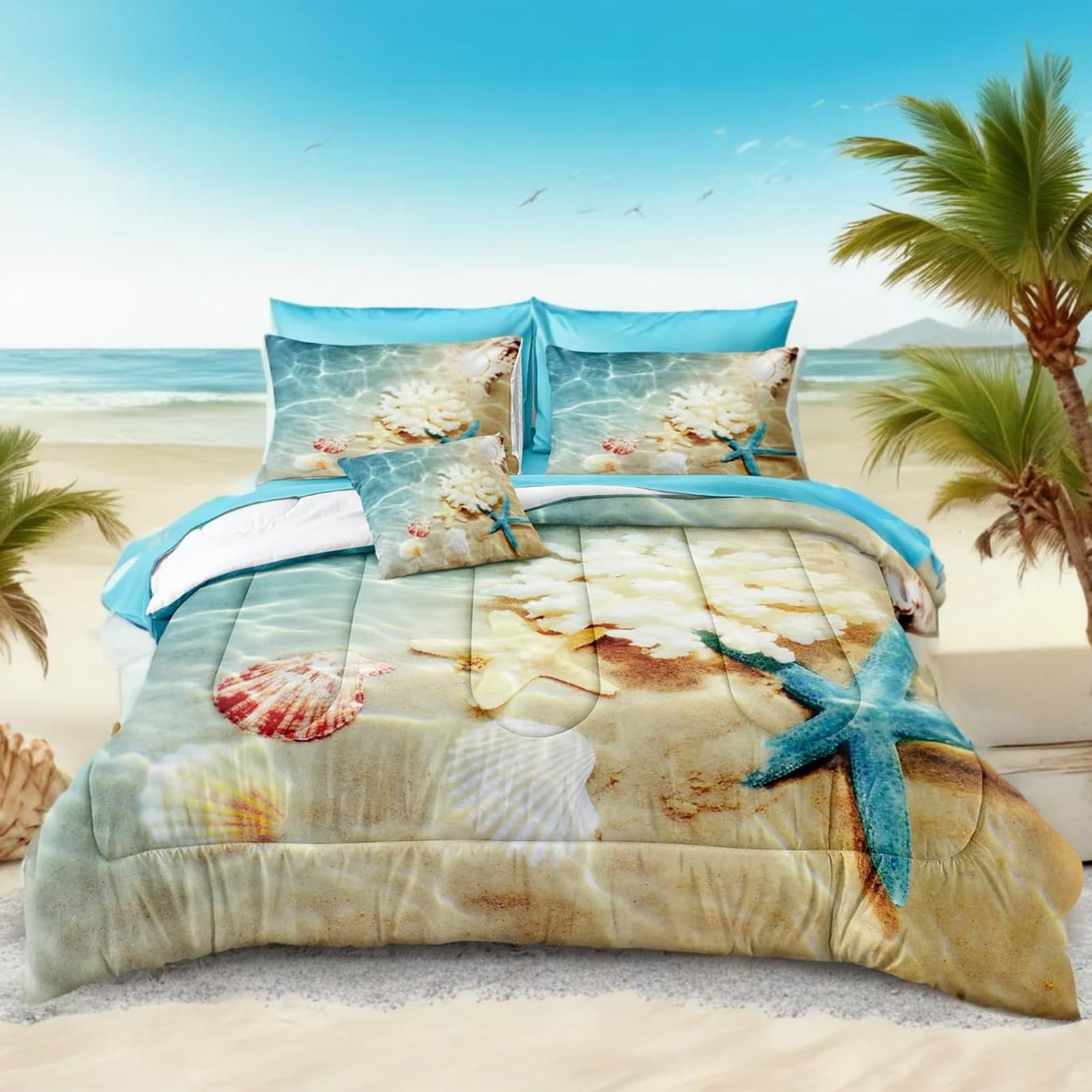 Bedbay Coastal Bedding Set 8-Piece Queen Size - Lightweight Summer Comforter & Quilt Set in Turquoise Ocean Design, Perfect for Beach-Themed Rooms, Teen Girls & Women Bedrooms | Breathable Bed in a Bag for Warm Weather & Coastal Decor