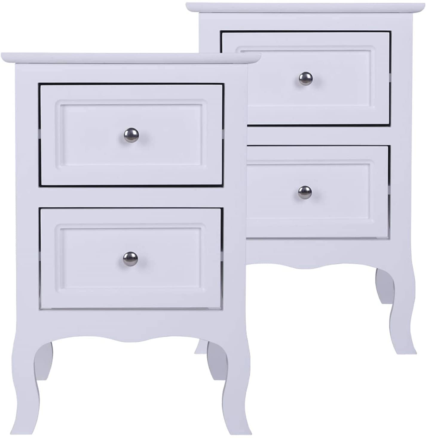 2-Piece White Wooden Nightstand Set with Drawers & Storage Shelf - Bedside End Tables for Bedroom, Living Room & Small Spaces | Modern Home Furniture for Bedside Storage & Decor