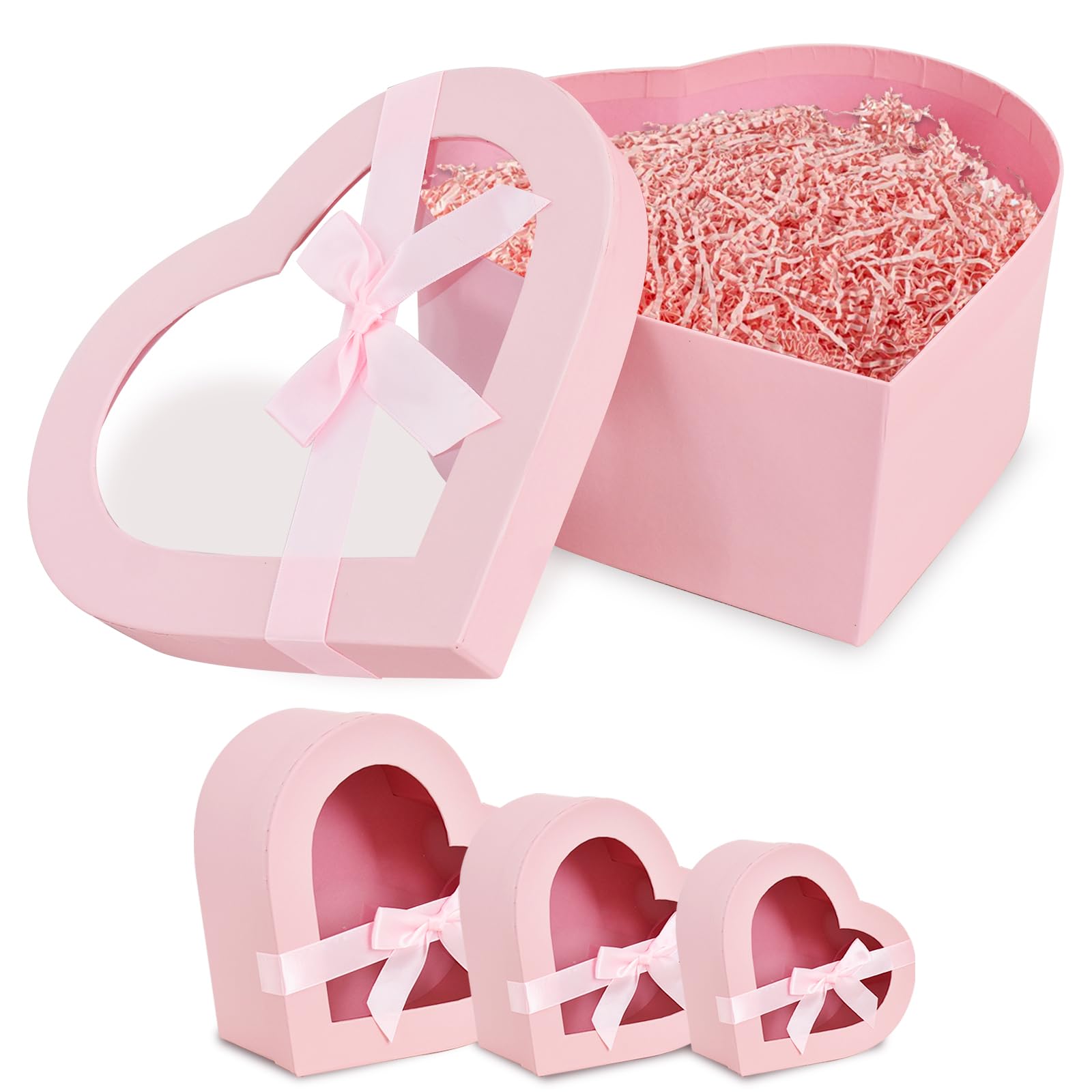 BEISHIDA Set of 3 Pink Heart Shaped Gift Boxes with Clear Lids - Perfect for Valentine's Day Flowers, Chocolates, Strawberries & Mother's Day Presents | Elegant Packaging for Romantic Gifts, Wedding Favors & Special Occasions