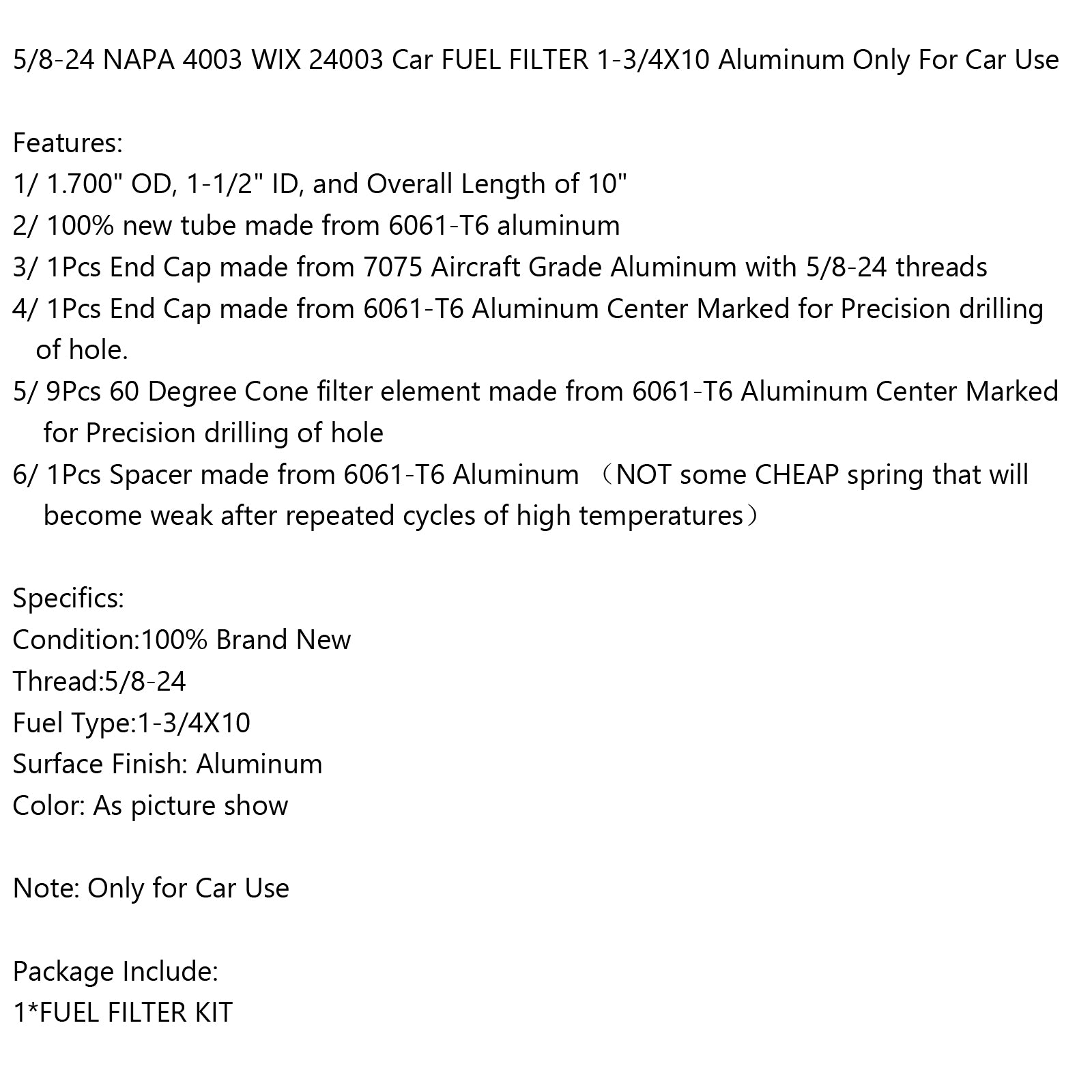 1 3/4X10 Aluminum 5/8-24 NAPA 4003 WIX 24003 Black Fuel Filter Replacement for Cars - Perfect for Engine Maintenance & Fuel System Protection