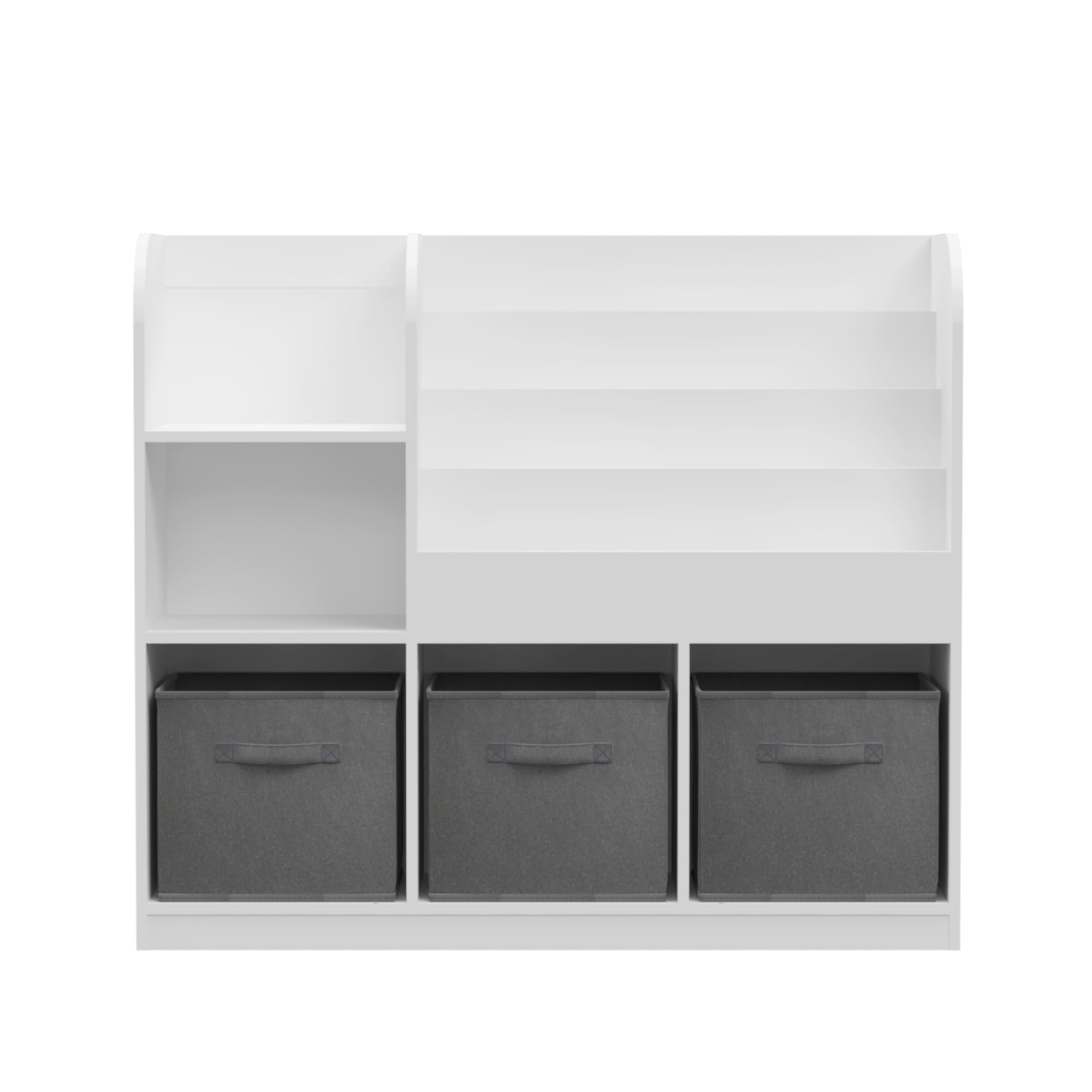 CCKO Kids Bookcase with 3 Movable Fabric Drawers - Multifunctional Bookshelf & Toy Storage Organizer for Nursery, Playroom, Bedroom - White/Gray Display Shelf for Books, Toys & Room Decor