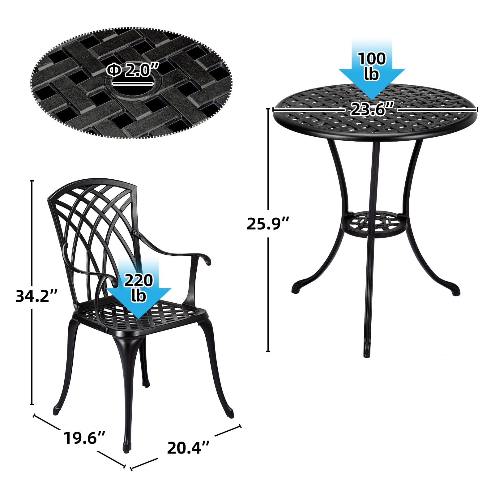 IDEALHOUSE 3-Piece Cast Aluminum Patio Bistro Set with Umbrella Hole - Rust-Resistant Outdoor Table and Chairs for Garden, Backyard, Balcony - Indoor/Outdoor Use - Perfect for Coffee Mornings, Outdoor Dining, and Relaxing in Black