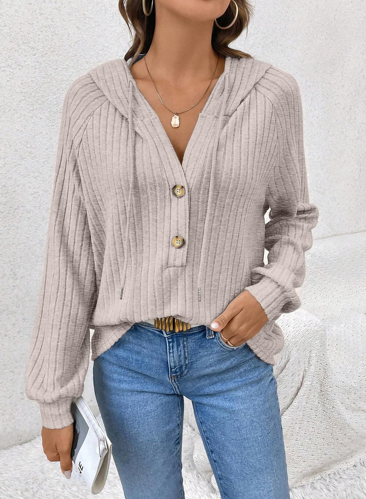 SHEWIN Women's Oversized V-Neck Hoodie Sweatshirt - Casual Spring Pullover Top for Women 2025 | Trendy Loungewear & Streetwear Fashion