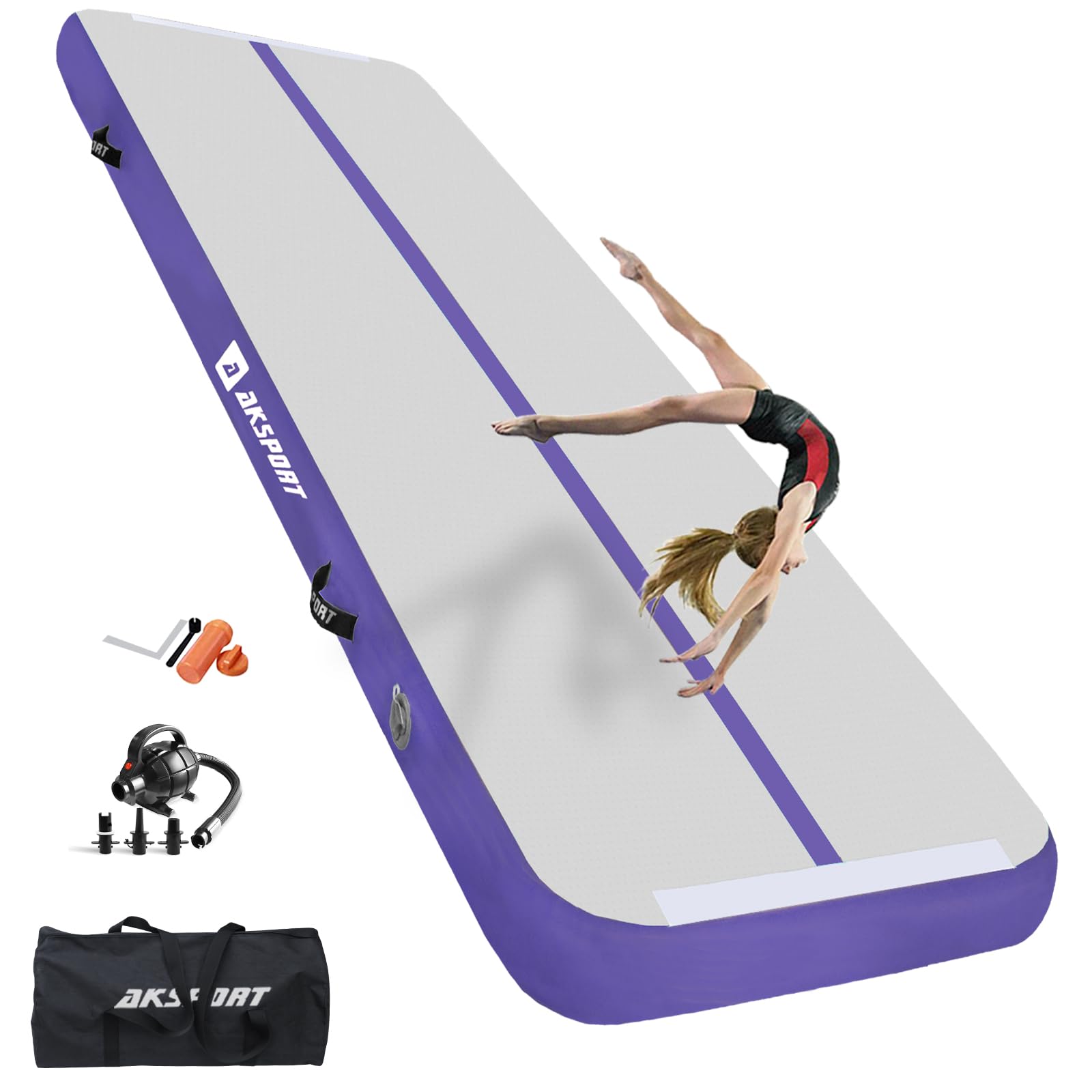 AKSPORT Inflatable Gymnastics Air Mat - Portable Tumble Track for Home, Gym, Training | Perfect for Cheerleading, Parkour, Beach & Water Activities | Includes Air Pump