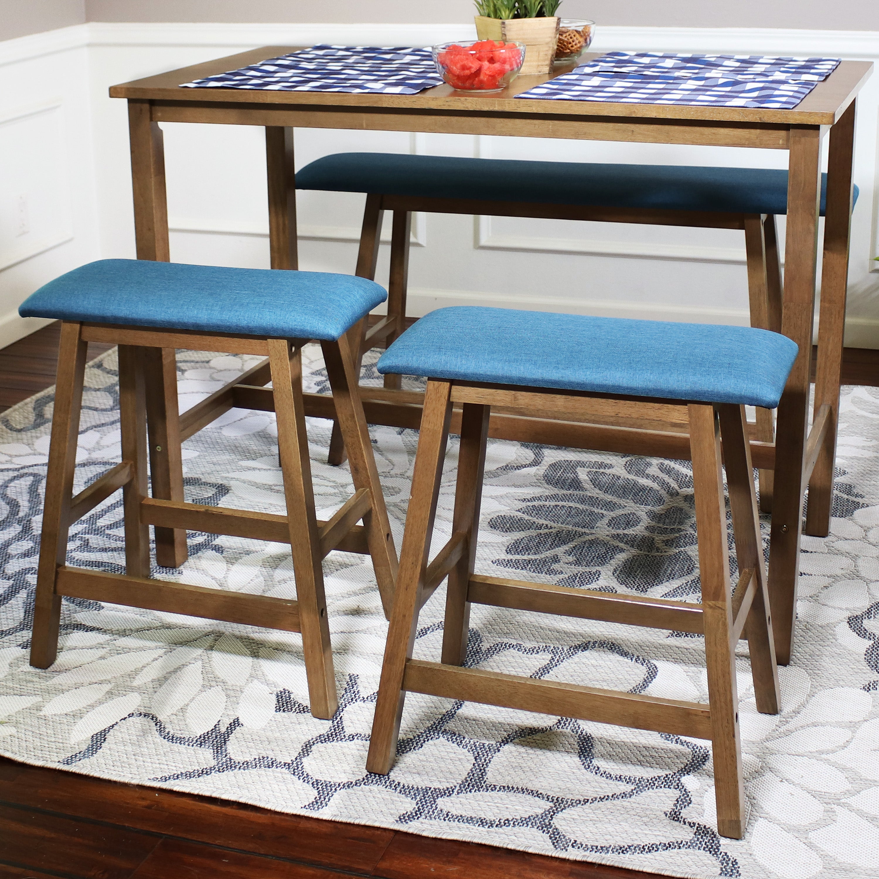 Sunnydaze Set of 2 Counter Height Bar Stools - Weathered Oak Finish with Blue Cushions - Perfect for Kitchen Island, Breakfast Nook & Home Bar Decor