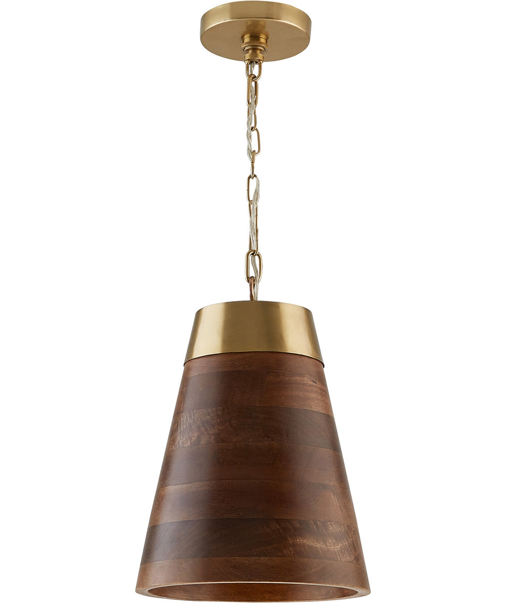 1 Light Wood and Brass Pendant Light Fixture - Modern Farmhouse Ceiling Lighting for Dining Room, Kitchen, or Entryway