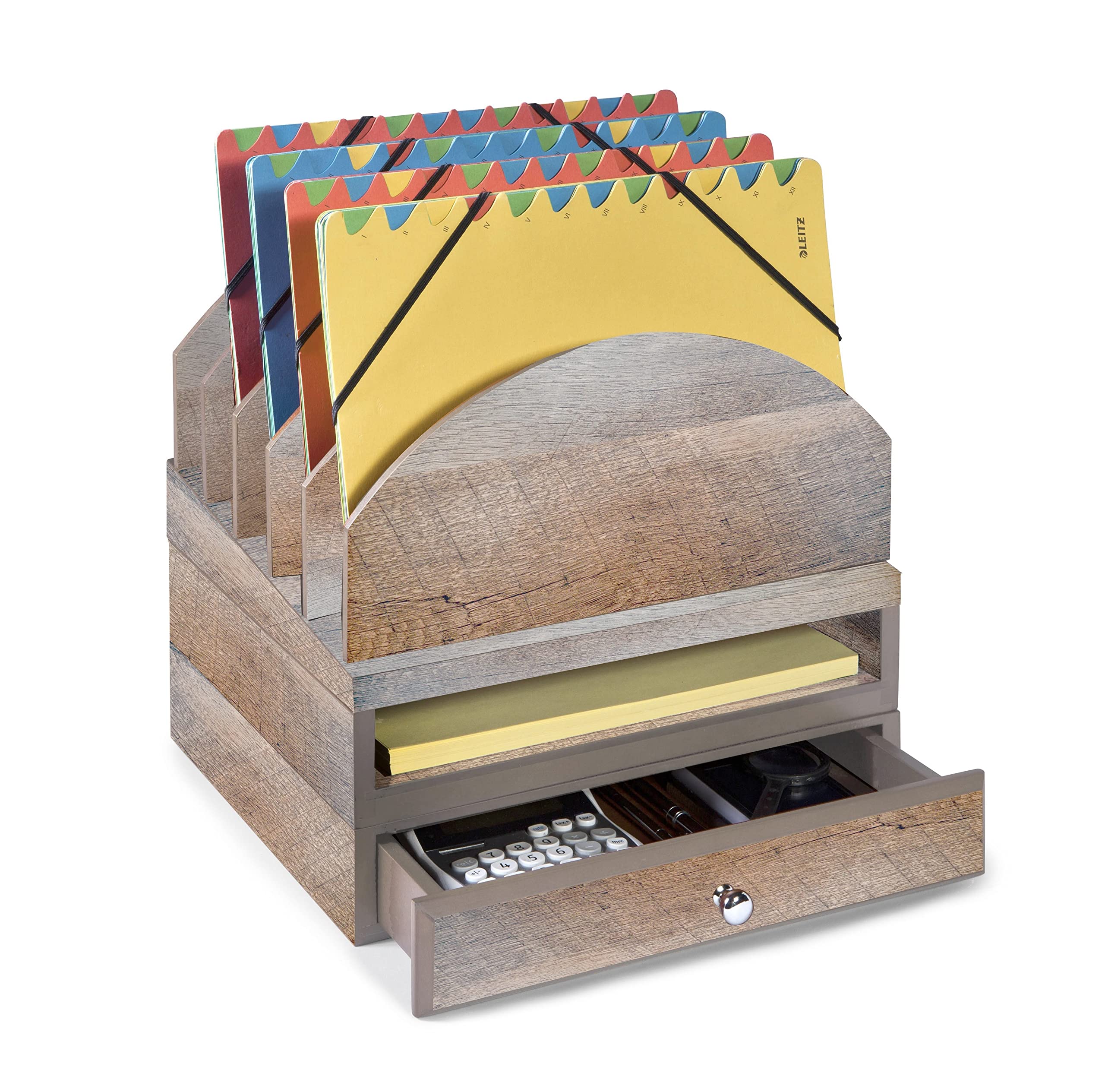 Bindertek Stacking Wood Desk Organizer Set - 3-Tier File Tray, Drawer & Step-Up Organizer Kit in Driftwood (WK1-DR) | Perfect for Office, Home & Workspace Organization