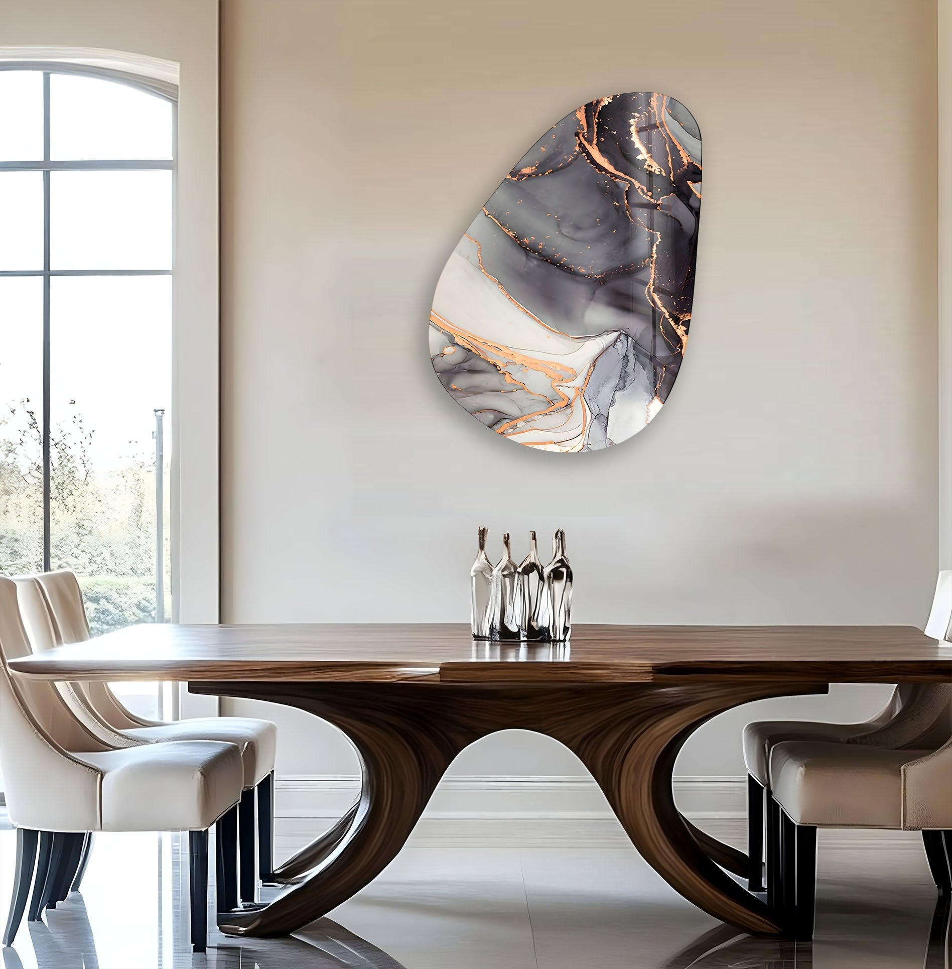 Asymmetrical Oval Black White Golden Glass Wall Art - Modern Abstract Home Decor for Living Room, Bedroom, Office | Unique Handmade Glass Artwork