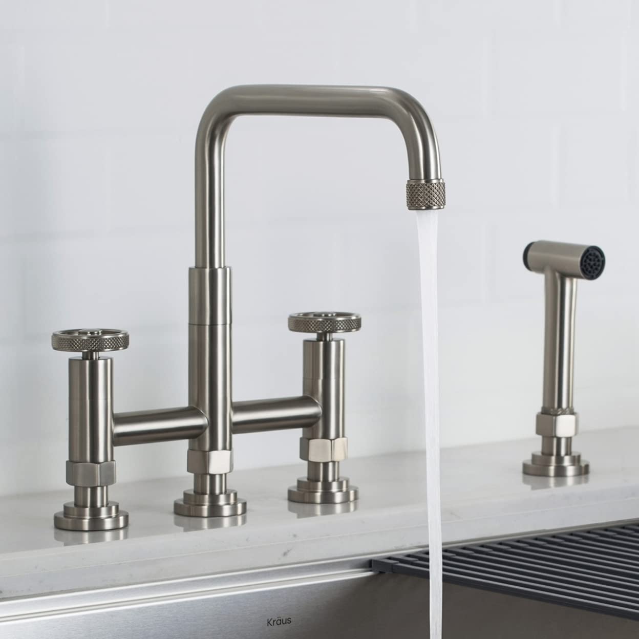 KRAUS KPF-3125SFS Spot Free Stainless Steel Industrial Bridge Kitchen Faucet with Side Sprayer - Heavy Duty Commercial Style for Restaurant & Home Use