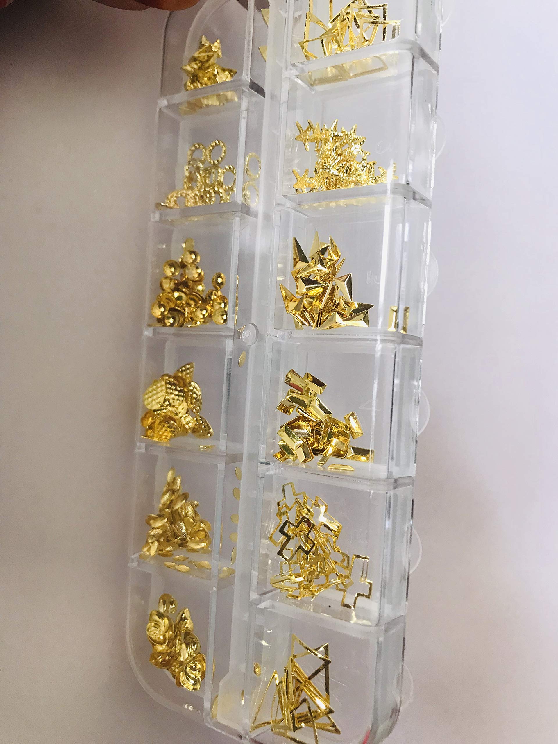 Premium Crystal Nail Art Rhinestones - Flatback Acrylic Nail Decorations for 3D Nails (12 Gold Metal Stud Patterns) - Perfect for DIY Manicures, Salon Nail Designs & Party Glam Looks