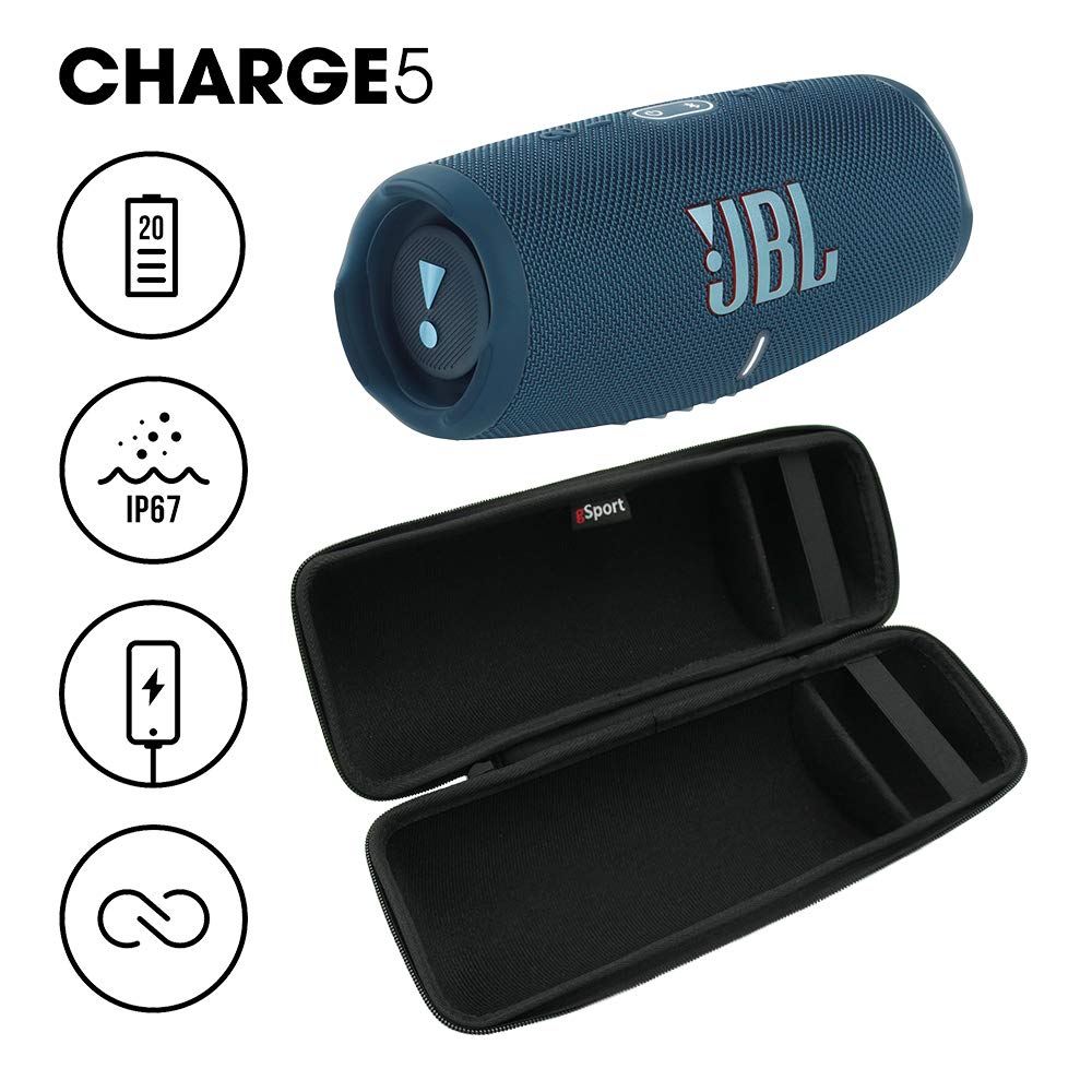 JBL Charge 5 Waterproof Bluetooth Speaker with Built-in Power Bank - Portable Wireless Speaker for Outdoor, Beach, Pool Party & Travel - Includes gSport Carbon Fiber Case (Blue)