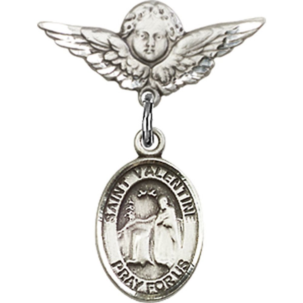 Sterling Silver Baby Badge with St. Valentine of Rome Charm & Angel Wing Pin - 7/8