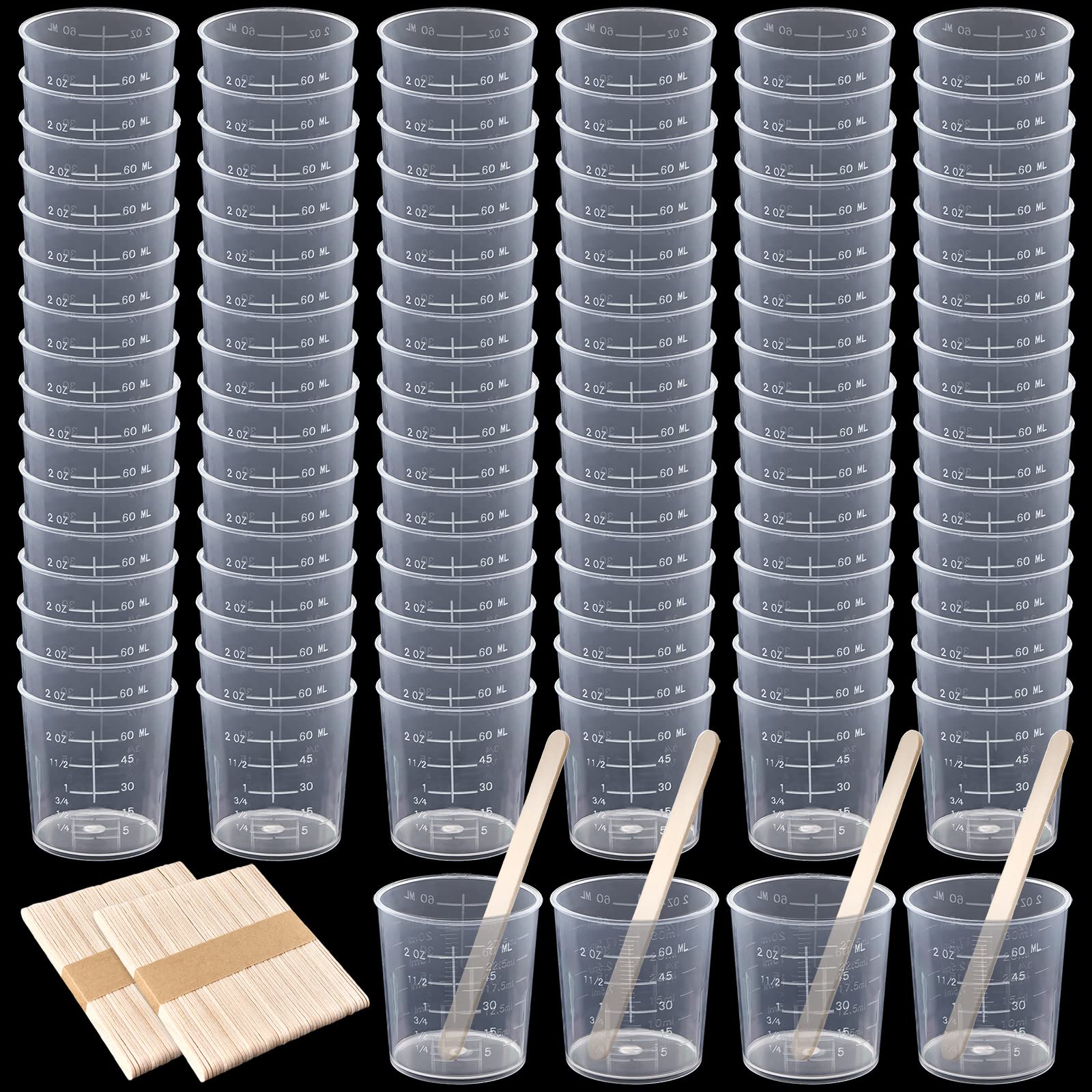 100 Pack 60ml/2oz Clear Plastic Graduated Measuring Cups with 100 Wooden Stir Sticks - Epoxy Resin Mixing Cups for DIY Crafts, Art Painting, Stain Mixing & Small Batch Liquids - BPA-Free Transparent Scale Cups for Precise Measurements