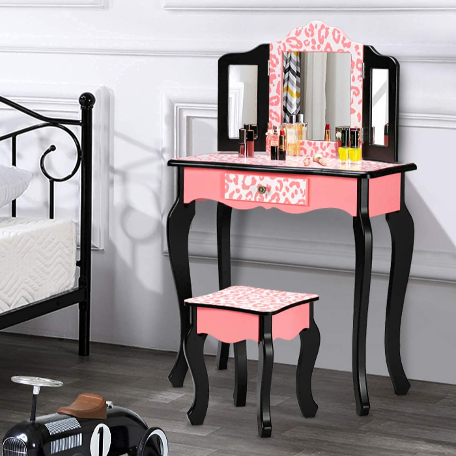 Bonnlo Kids Vanity Set - Modern Princess Vanity Table with Stool & Tri-Folding Mirror, Girls Makeup Dressing Table with Drawer, Perfect for Bedroom Decor & Pretend Play (Pink/White) - Ideal for Birthday Gifts, Room Makeover & Dress-Up Playtime