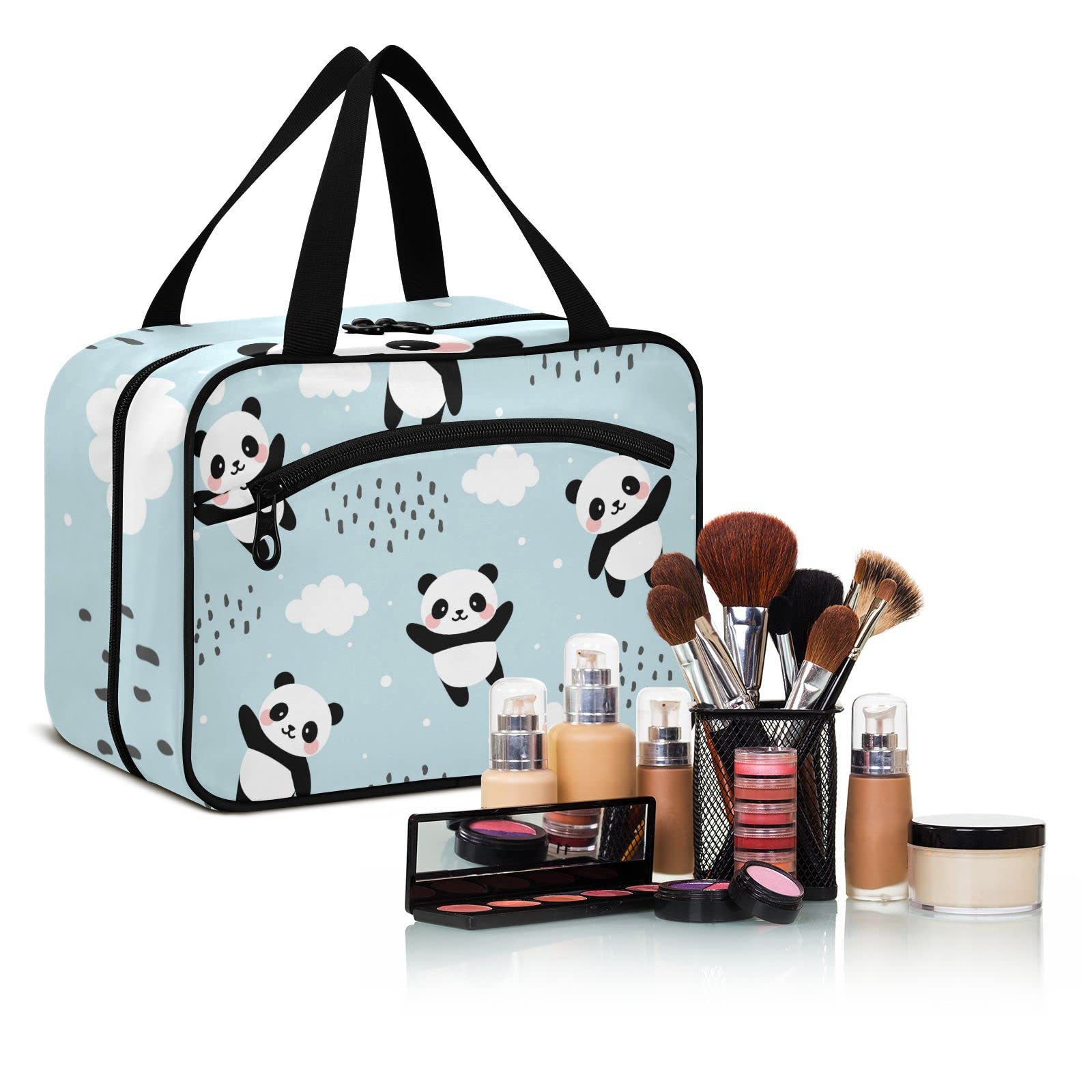 Cute Panda Travel Toiletry Bag - Large Cosmetic Organizer with Hook for Women | Perfect for Vacation & Gym