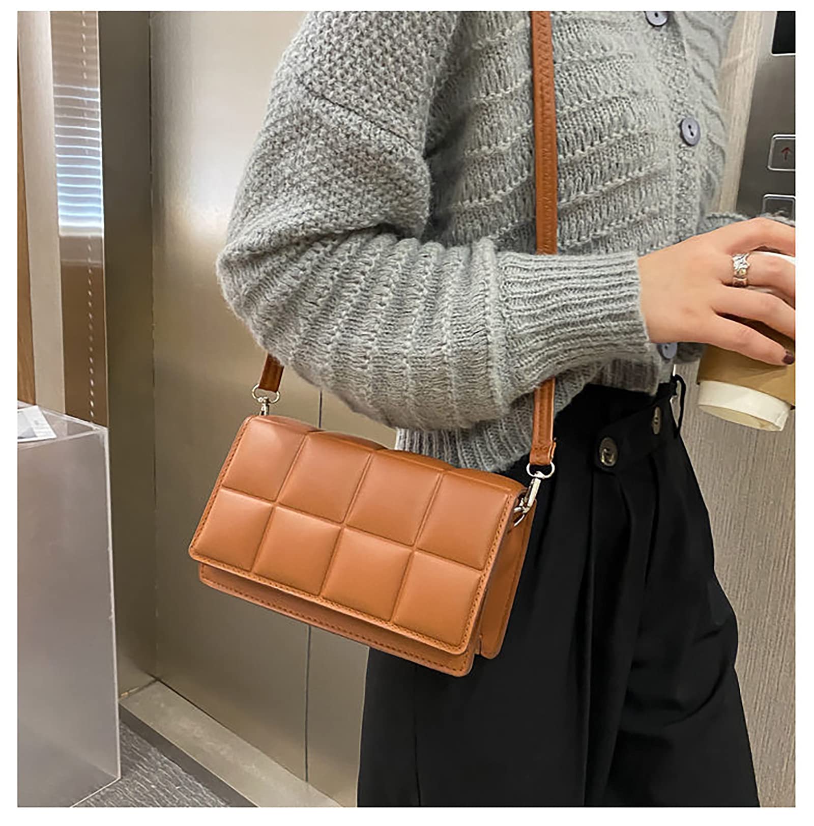 Women's Small Quilted Crossbody Bag - PU Leather Solid Color Shoulder Purse with Wallet - Fashion Square Handbag for Daily Use, Shopping & Travel
