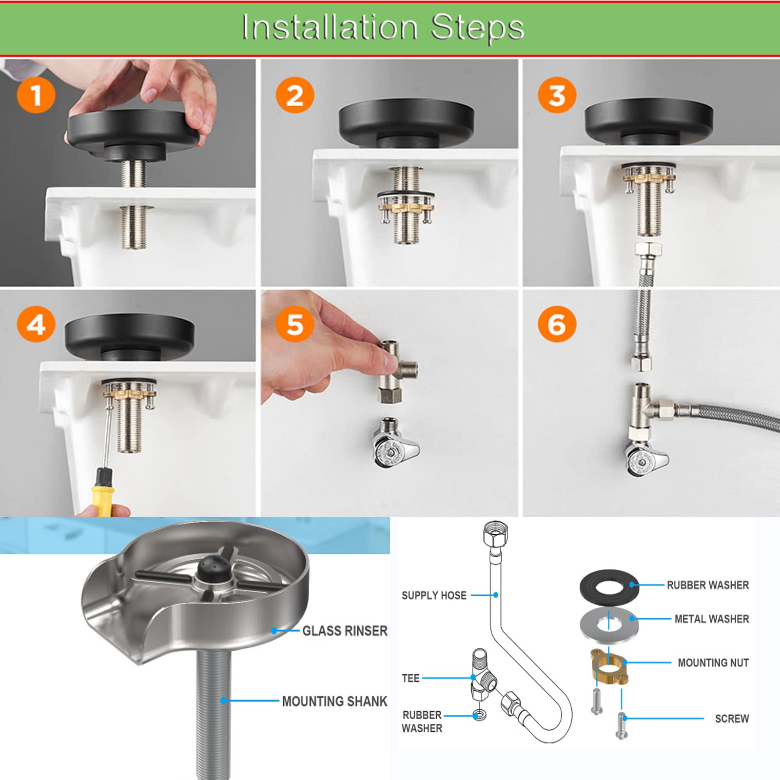 Stainless Steel Kitchen Sink Glass Rinser & Bottle Washer - Brushed Nickel Faucet Attachment for Washing Wine Glasses, Baby Bottles & Kitchenware - Perfect for Home Bars, Restaurants & Dishwashing Stations